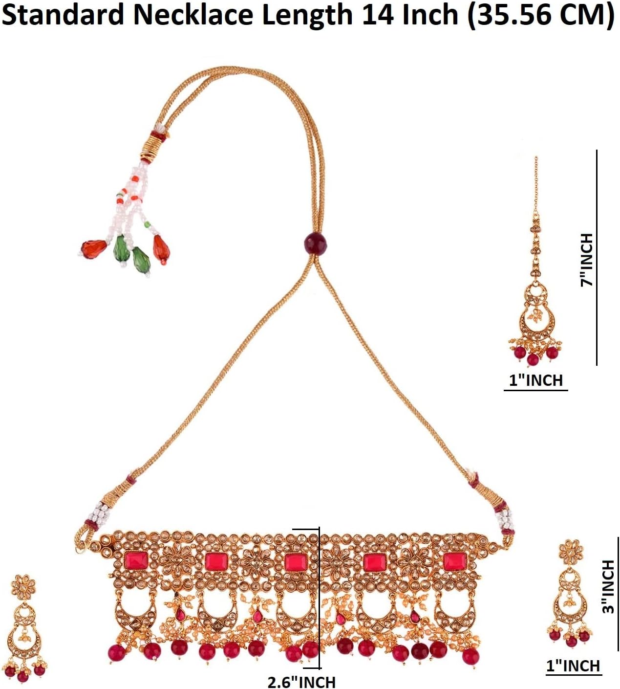 Efulgenz Indian Jewellery Choker Kundan Faux Pearl Necklace Earrings Maang Tikka Head Chain Bollywood Wedding Bridal Jewellery Set, Red