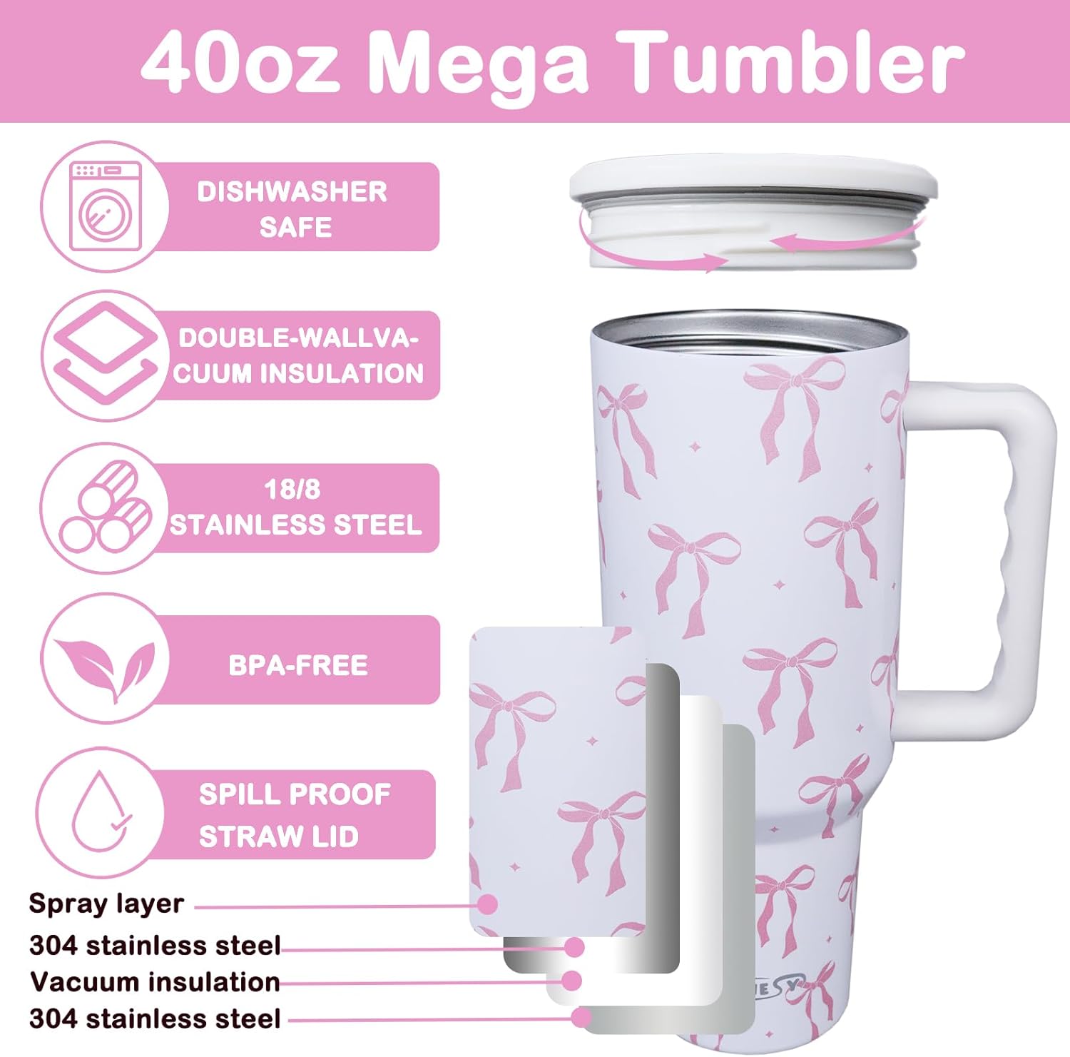 Bow Tumbler, Bow Cup 40oz with Handle and Straw Lid Gifts for Women Girls Birthday Christmas Double Insulated Cup Travel Coffee Mug - Image 6
