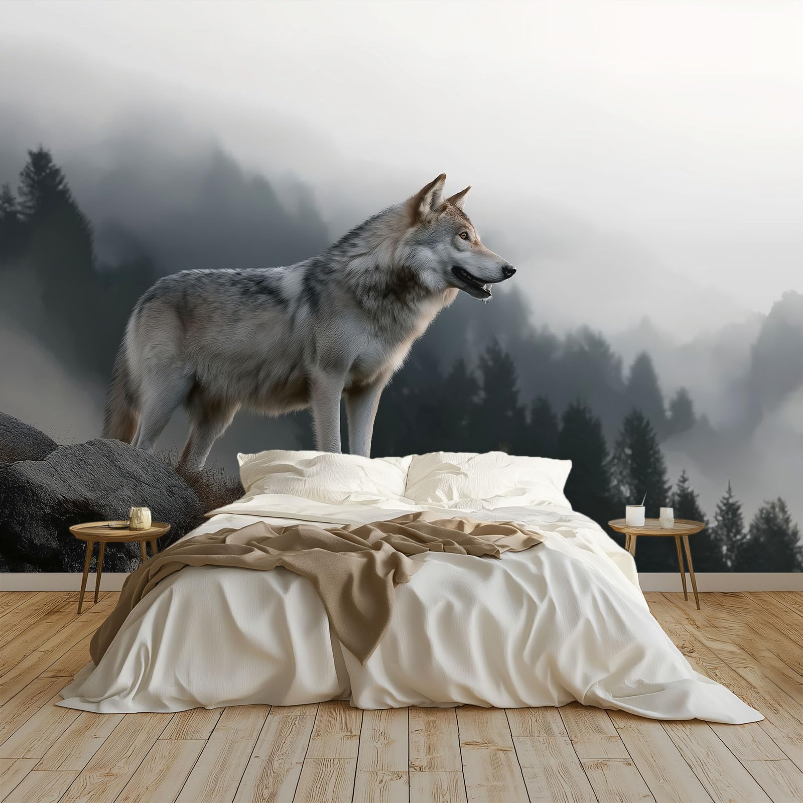 Fototapeta ze zwierzętami, wilkami, 500 x 280 cm, efekt 3D, obraz ścienny, tapeta ścienna, nowoczesna tapeta ścienna, do salonu, pokoju dziecięcego, sypialni, tło TV, dekoracja ścienna, szara