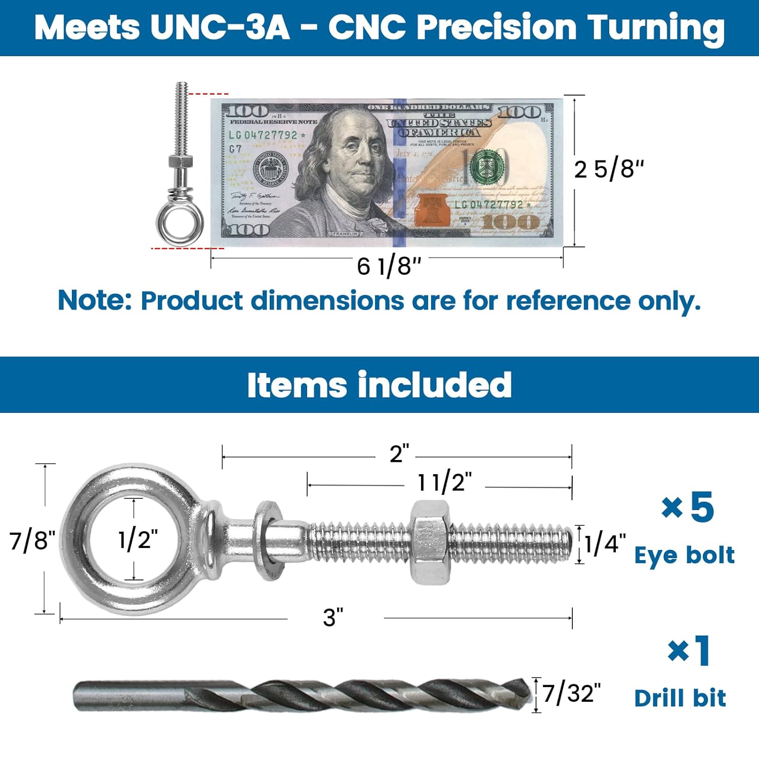 Muzata 5 Pack 1/4" x 2" Eye Bolt T316 Stainless Steel Eye Bolts with Nuts Washers Threaded Heavy Duty Shoulder Lifting Ring Total 3" Length Marine Grade UNC-3A CR31