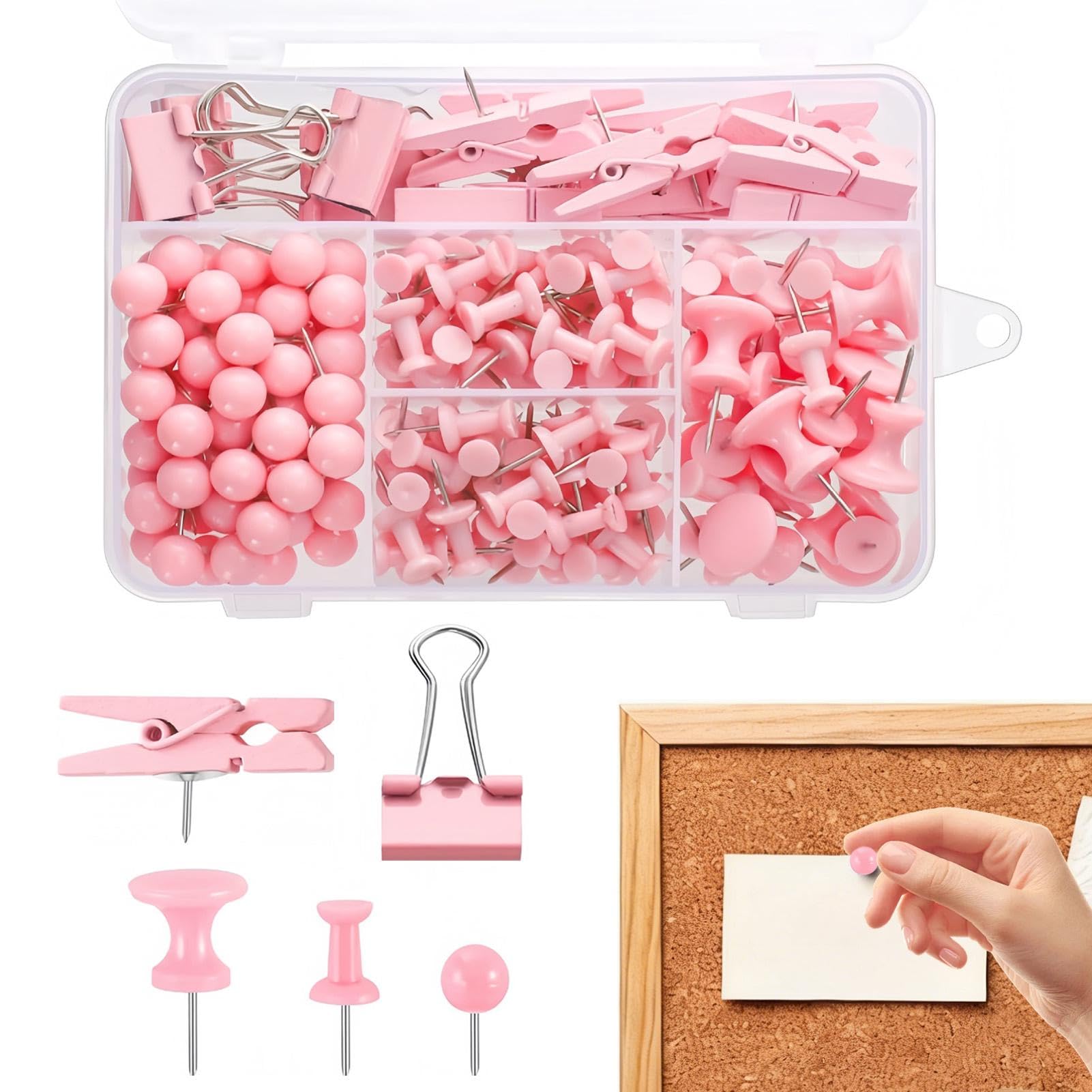 200Pcs Thumb Tacks, Pink Push Pins for Bulletin Board and Cork Board, 5 Styles Decorative Push Pins for Pictures, Photos, Artworks, Crafts, Calendars