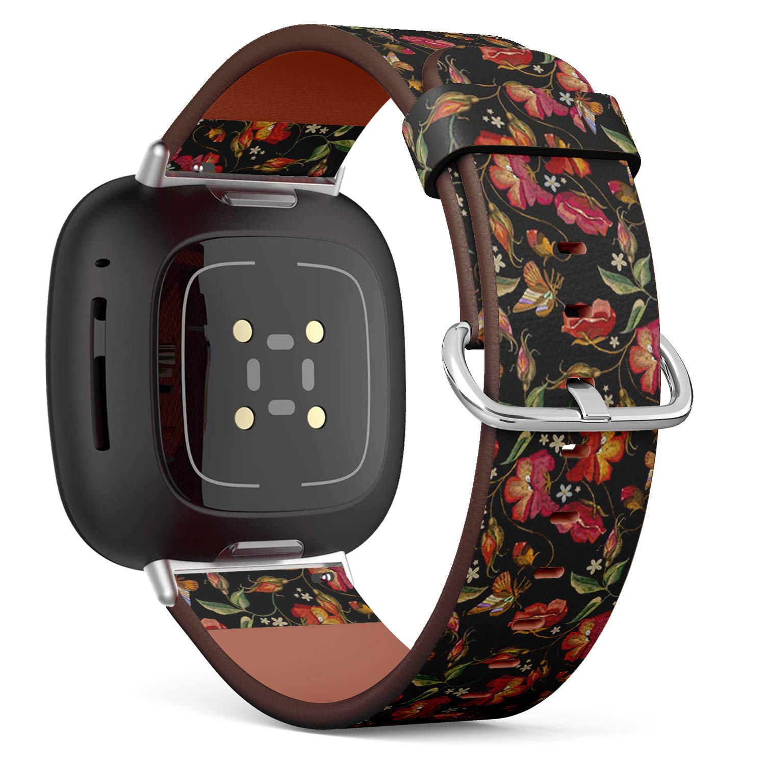 Q-Beans Replacement Leather Wrist Strap Watch Band, Compatible with Fitbit Versa 3 and Fitbit Sense - Embroidery Butterfly Poppies
