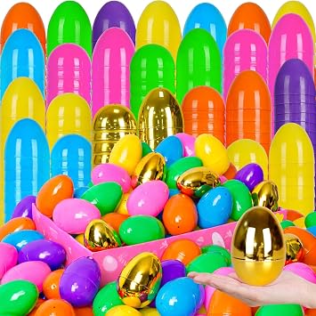 100PCS Easter Eggs,Plastic 3" Bright Colorful Eggs with Golden Eggs, Easter Egg Fillers for Easter Egg Hunt, Candy Filling, Party Decorations and Kids Gifts