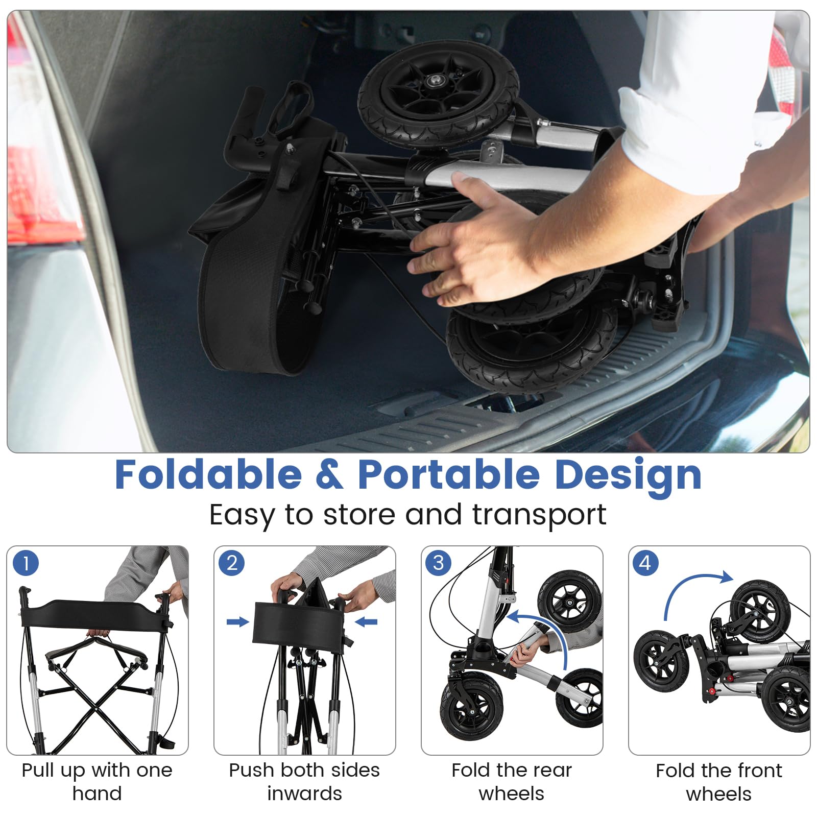 HOMASIS Andador plegable y ligero 2 en 1 para silla de ruedas, con asiento, 7 alturas ajustables, carrito de aluminio para personas mayores, andador de viaje con soporte para bastones, bolsa, hasta