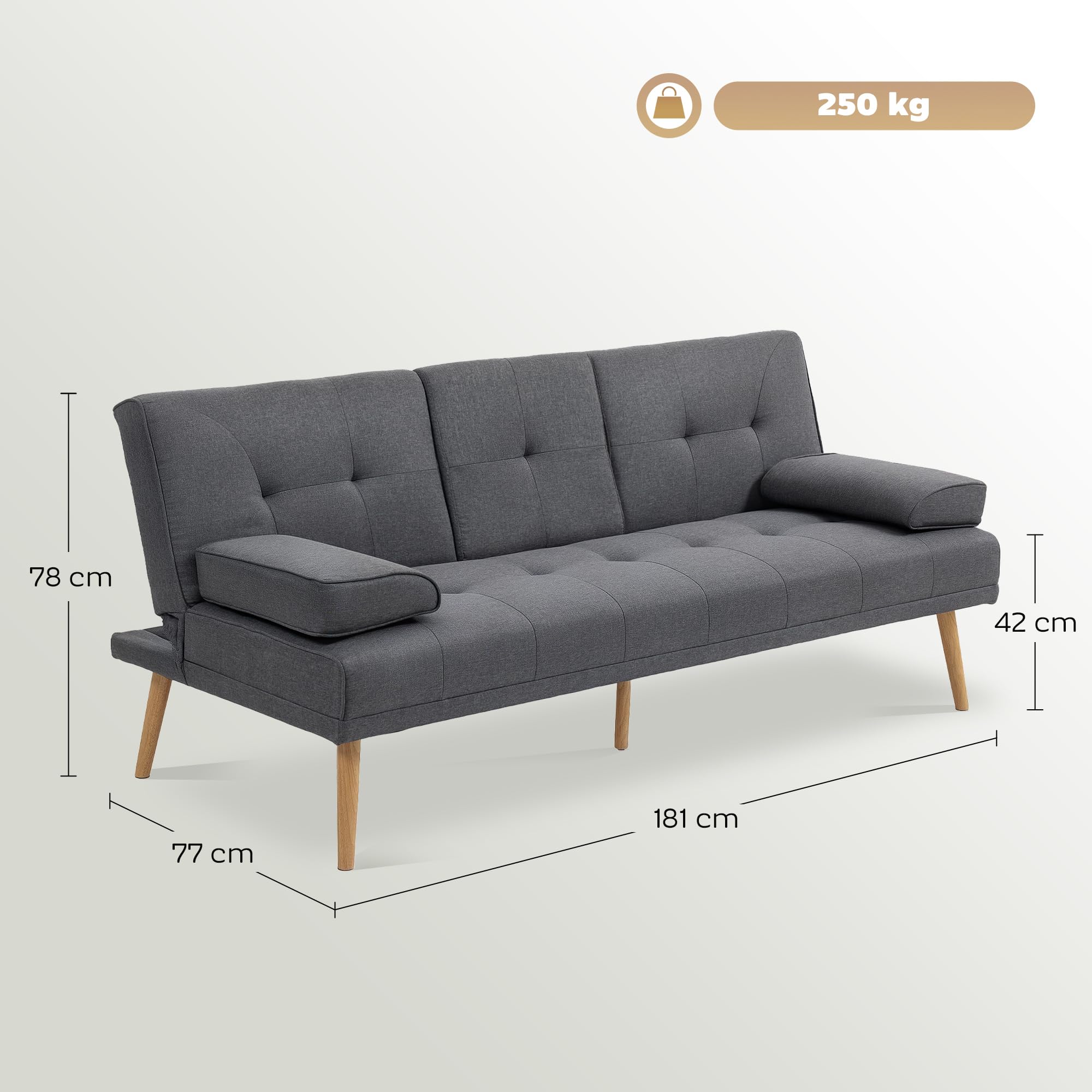 HOMCOM Divano Letto 3 Posti Reclinabile con 2 Braccioli Staccabili, Divano 3 Posti Imbottito Trasformabile in Tessuto e Legno con Portabicchiere per Soggiorno e Salotto, 181x77x78 cm, Grigio Scuro