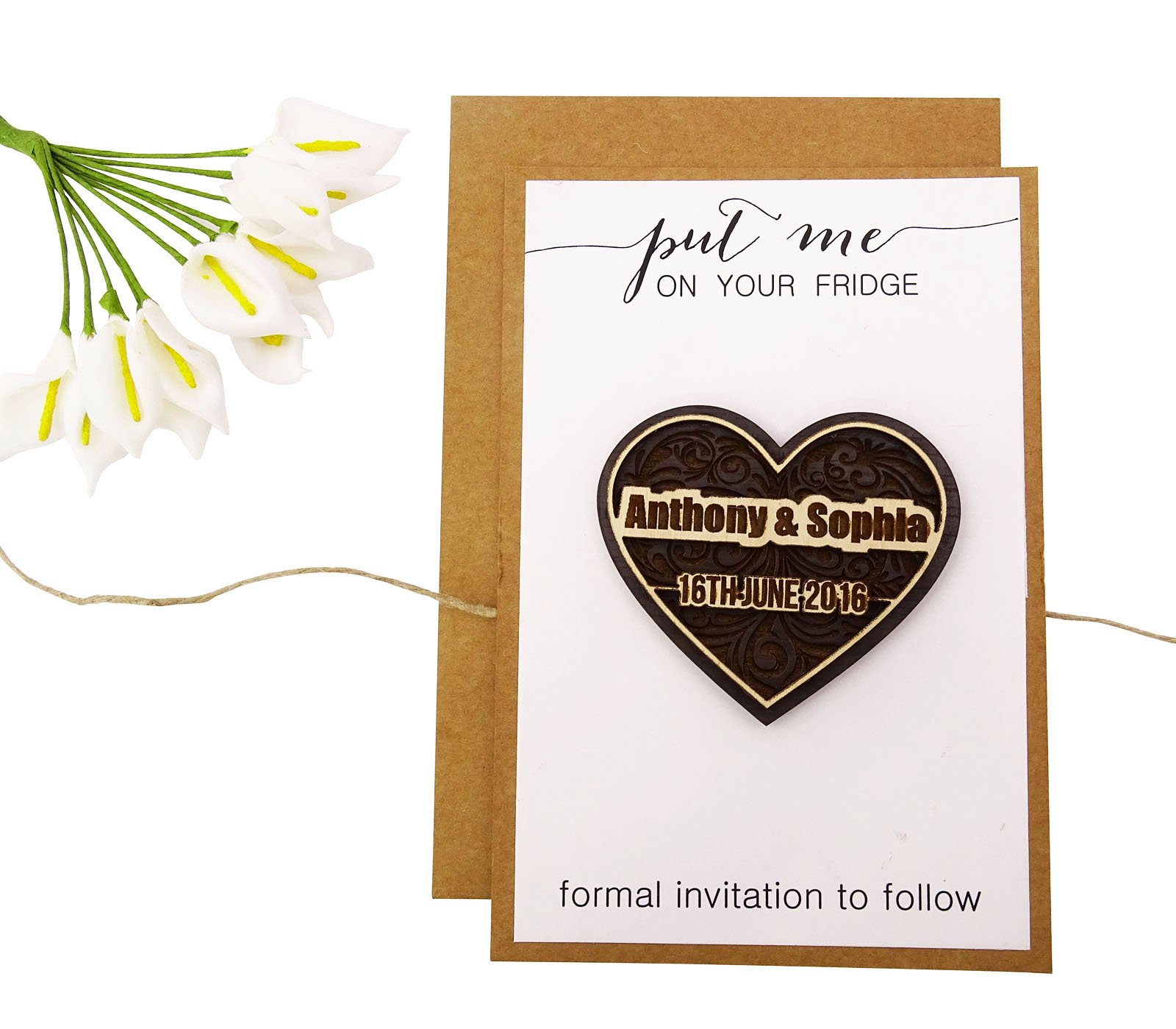 Darling Souvenir Boda Personalizada la Fecha Tarjetas 25 Rústico Tallado de Madera imanes con anuncios Sobres de la Boda