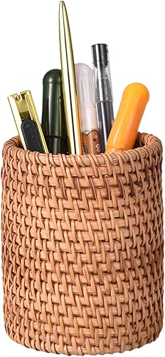 Eiyye Portalápices de ratán hecho a mano, soporte para brochas de maquillaje hecho a mano, soporte de mimbre para oficina y hogar organizador de
