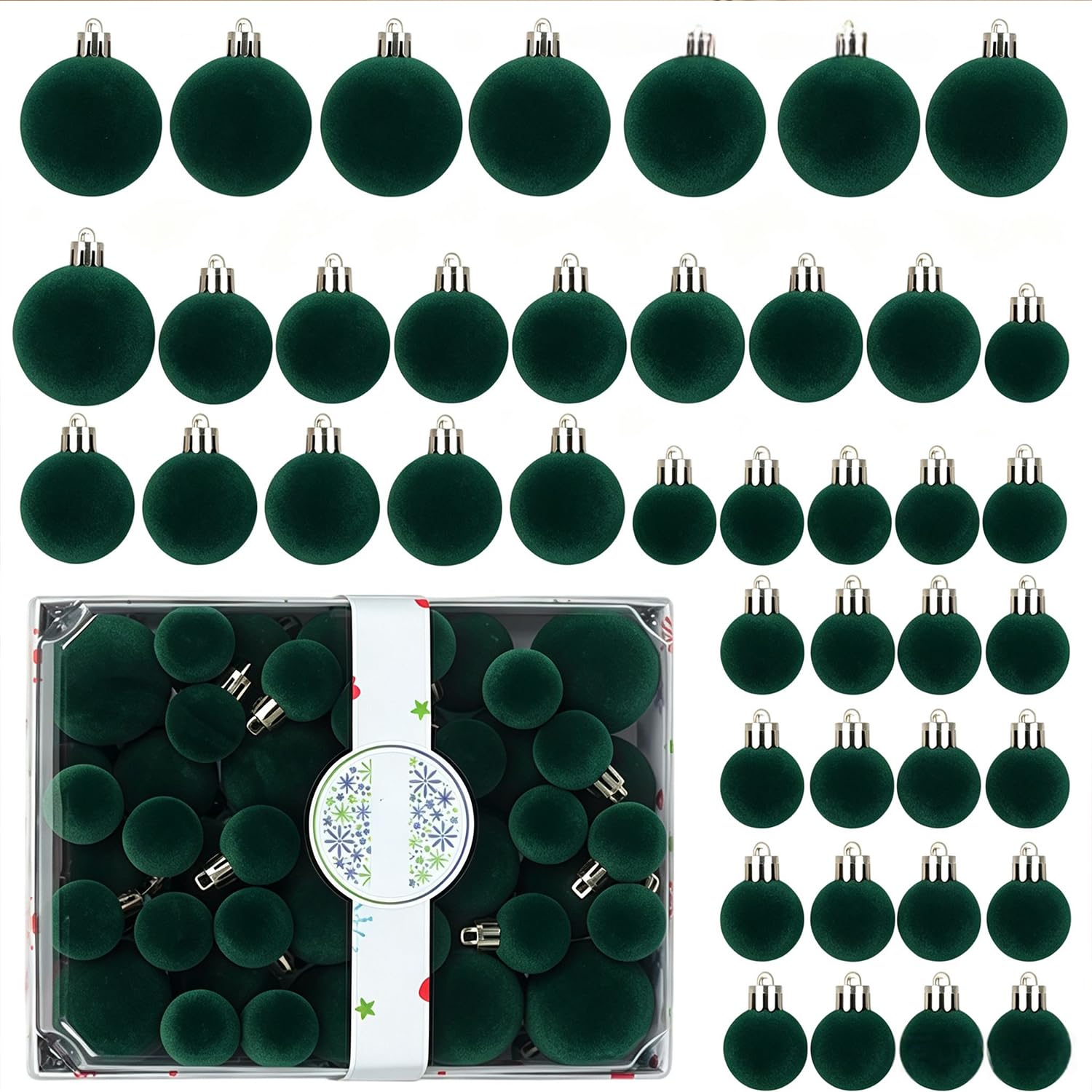 42Pcs Velvet Christmas Baubles Balls Shatterproof 3-5cm Hanging Ornaments Christmas Tree Decorations Burgundy Large & Small Bauble for Xmas Party Holiday Decor (Green)