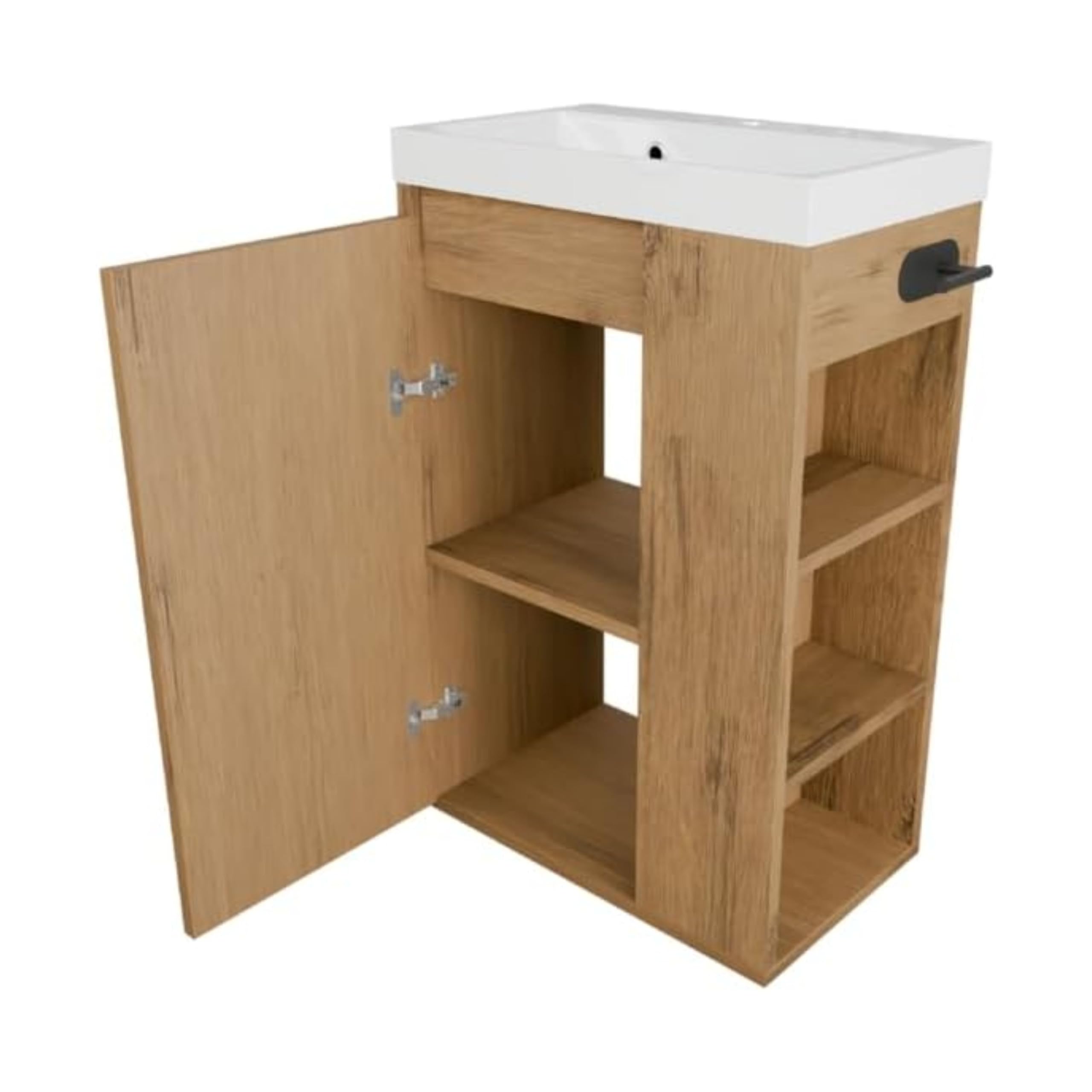 Lavabo con Armario Bajo SEVA, 46 cm de Ancho, Tocador de Pie O Colgante, Juego de Muebles de Baño para Baño, Armario Bajo Lavabo con Soporte para Papel Higiénico - Roble Lancelot