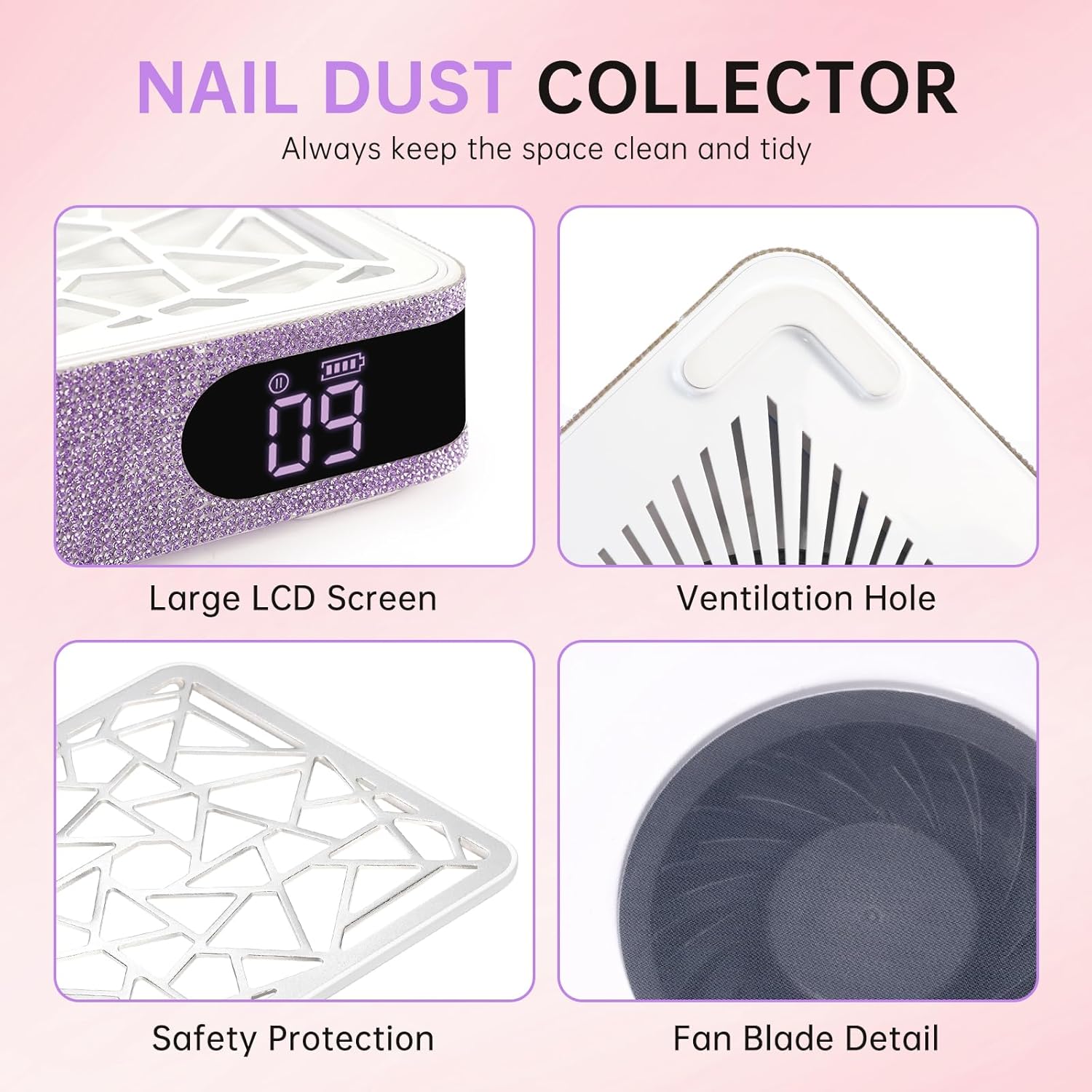 Nail Dust Collector, Powerful Vacuum Fan Vent Dust Collector Extractor Dust Suction Machine for Acrylic Nails Polishing, Nail Salon&Home, Purple Diamond