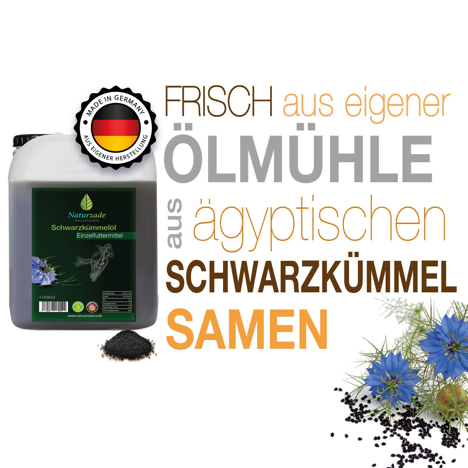 Naturzade Schwarzkümmelöl für Pferde & Hunde, 5 Liter, kaltgepresst mühlenfrisch direkt vom Hersteller