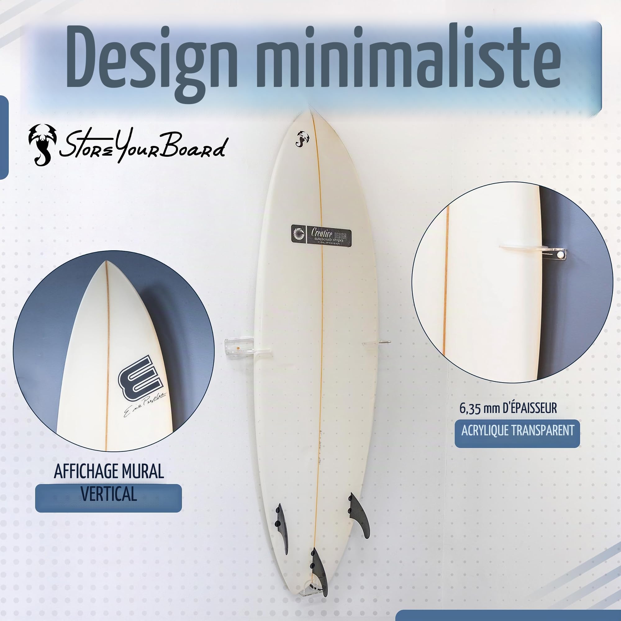 StoreYourBoard Support mural flottant pour planche de surf en acrylique transparent, décoration murale intérieure, support vertical pour planches courtes, planches de poisson et funboards, peut