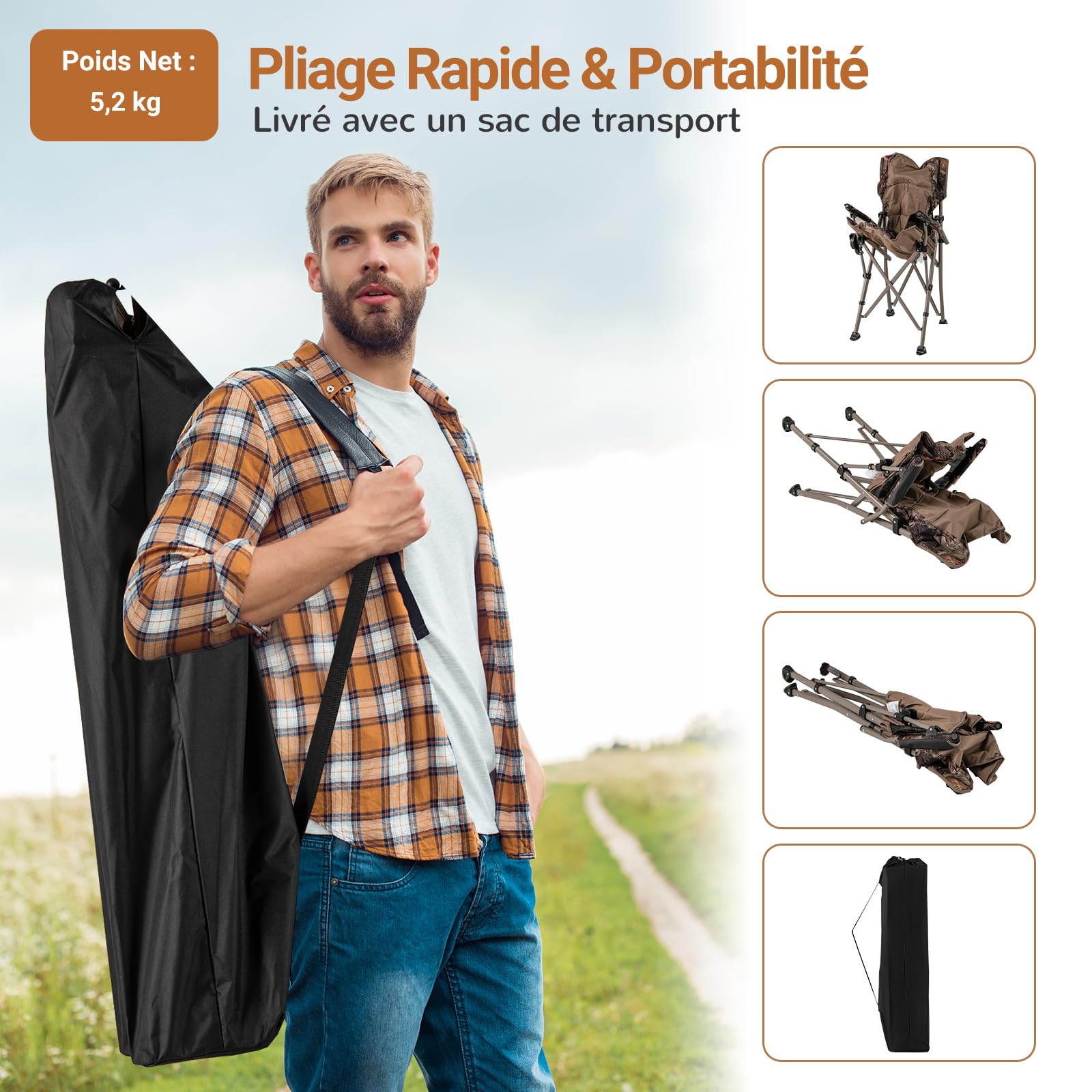 COSTWAY Chaise Pliante Camping, Chaise de Jardin Exterieur, Charge 180 kg, Sac de Transport, Porte-Gobelet, Poche de Rangement, Pieds Réglables, Fauteuil Pliant pour Camping Voyage Pêche, 67 × 62 × 10
