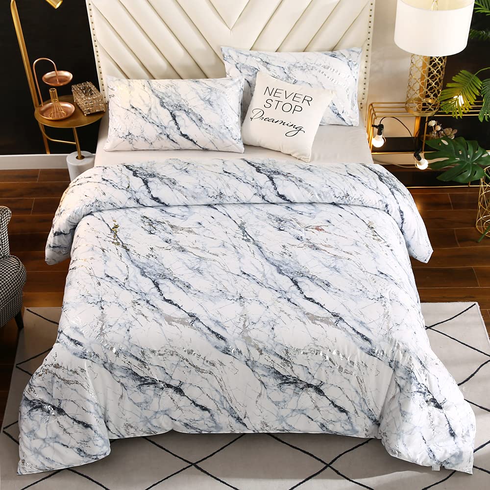 Photo 1 of Gold Metallic Marble Comforter Sets Gold Metallic Bedding Sets for All Seasons Silver Foil Print Glitter Bedding Set with 1 Comforter and 2 Pillowcases(Twin, White) Twin White