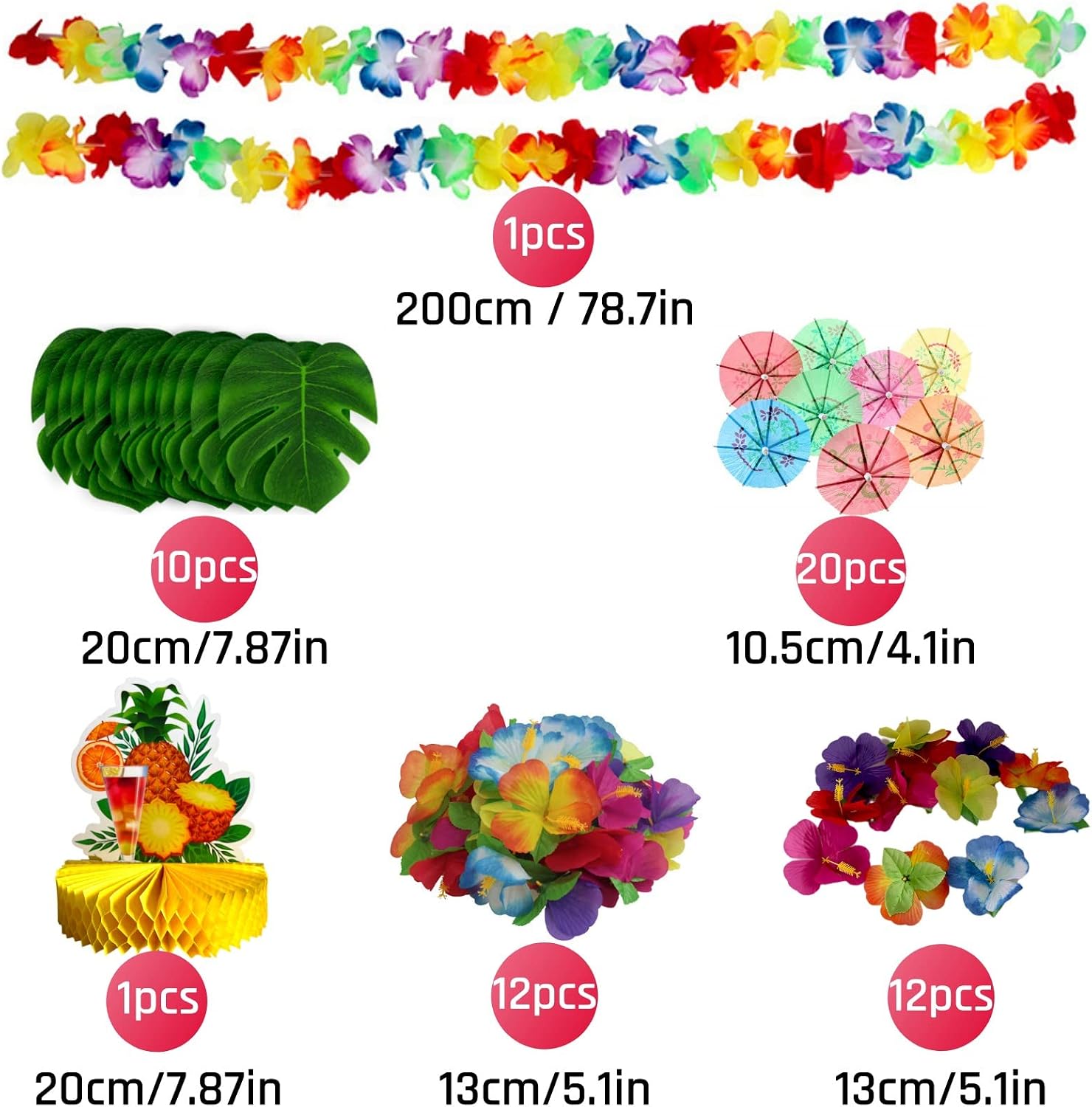 Chennyfun 108PCS Hawaiian Tropical Party Decoration Set, Hawaiian Grass Table Skirt, Palm Leaves, Hawaiian Flowers - Image 3