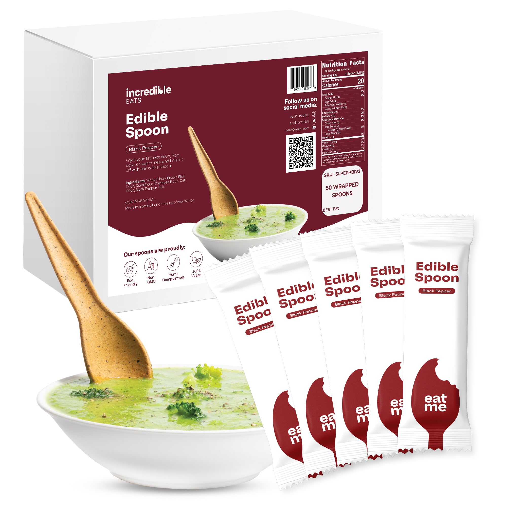 Edible Cutlery by incrEDIBLE Eats, As Seen On Shark Tank, 50 Count Large, Sturdy and Home Compostable, Individually Wrapped in Paper (Black Pepper)