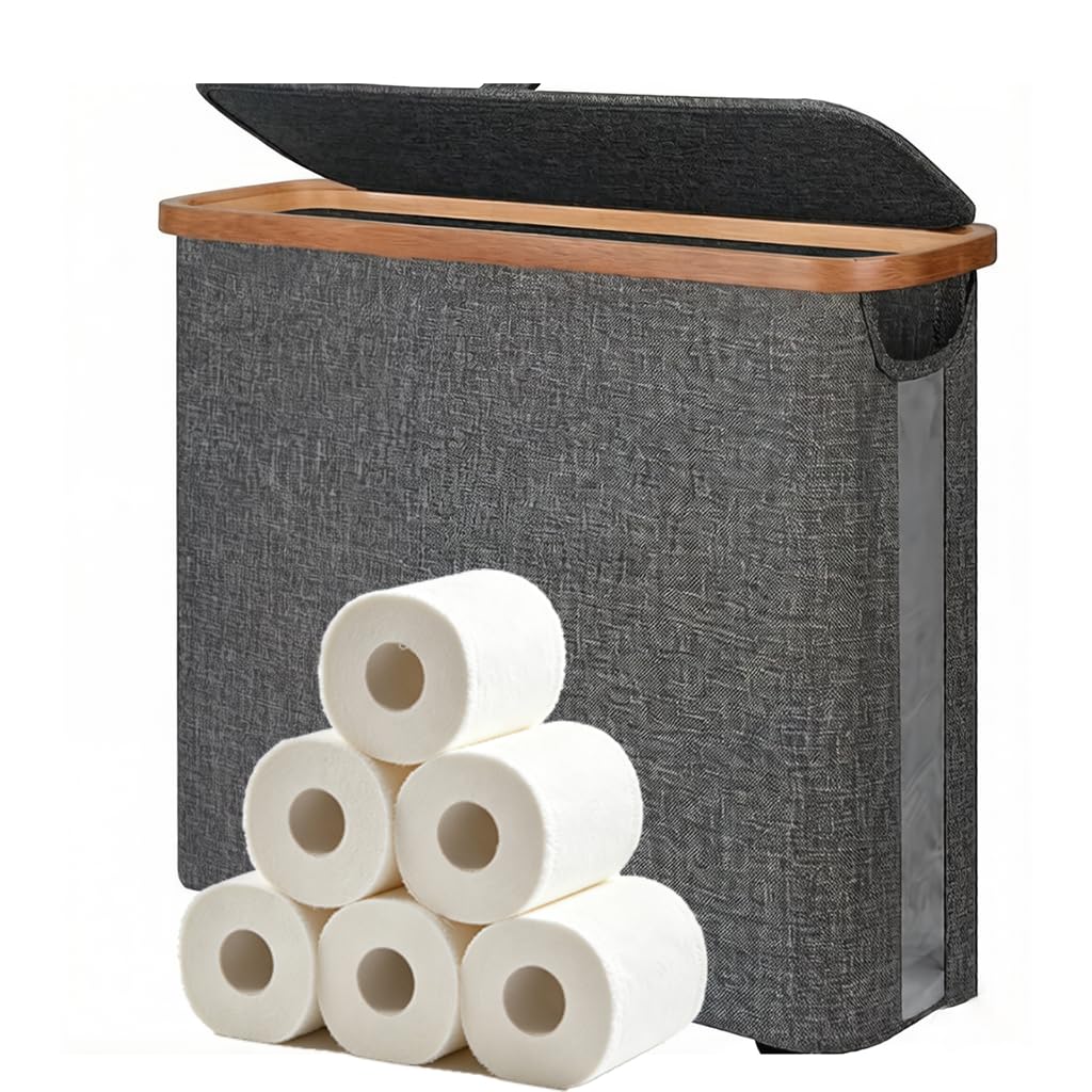 Toilet Roll Storage Box, 30L Bathroom Storage Box with Bamboo Lid for 12 Rolls, Toilet Roll Holder for Living Room, Wardrobe, Laundry Room, Bathroom Countertop (Gray)