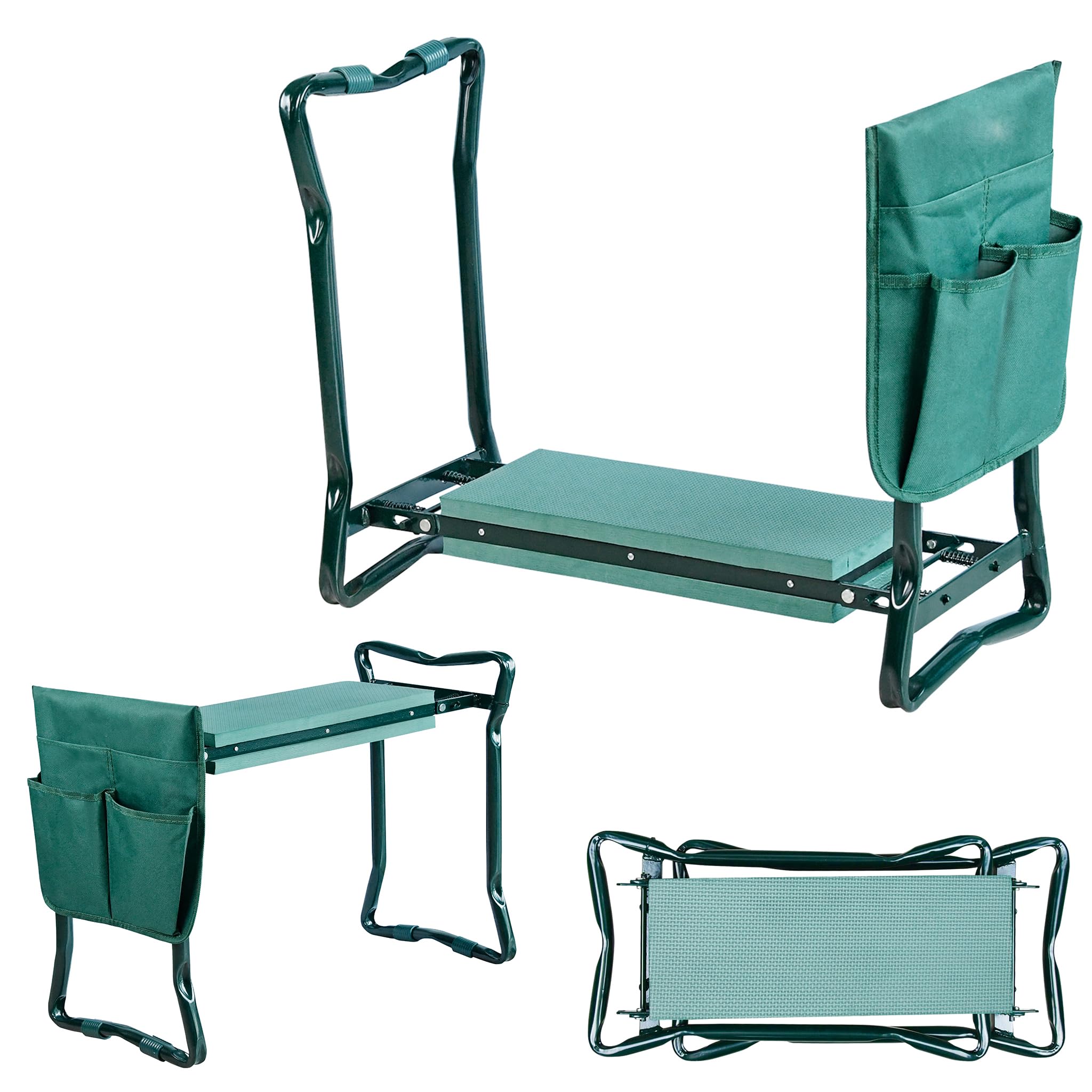 Repose-genoux 2 en 1 - Pour le jardinage - Pliable - Jusqu'à 150 kg - Avec protection des genoux - Coussin en mousse et sac à outils - Portable - Pour le jardinage - Vert