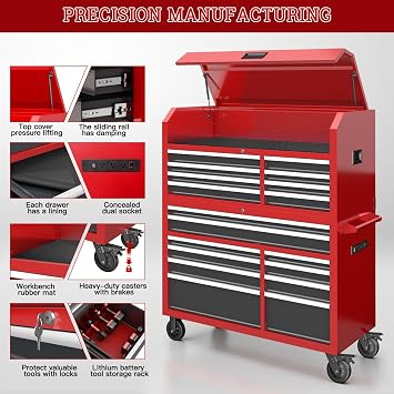 Tool Chest 18-Drawer | 66'' Large Rolling Tool Chest with Wheels | Detachable Top Metal Tool Box with Gas Struts | Lockable Rolling Tool Cabinet with Liners,Power Strip | Garage, Repair Shop, Workshop