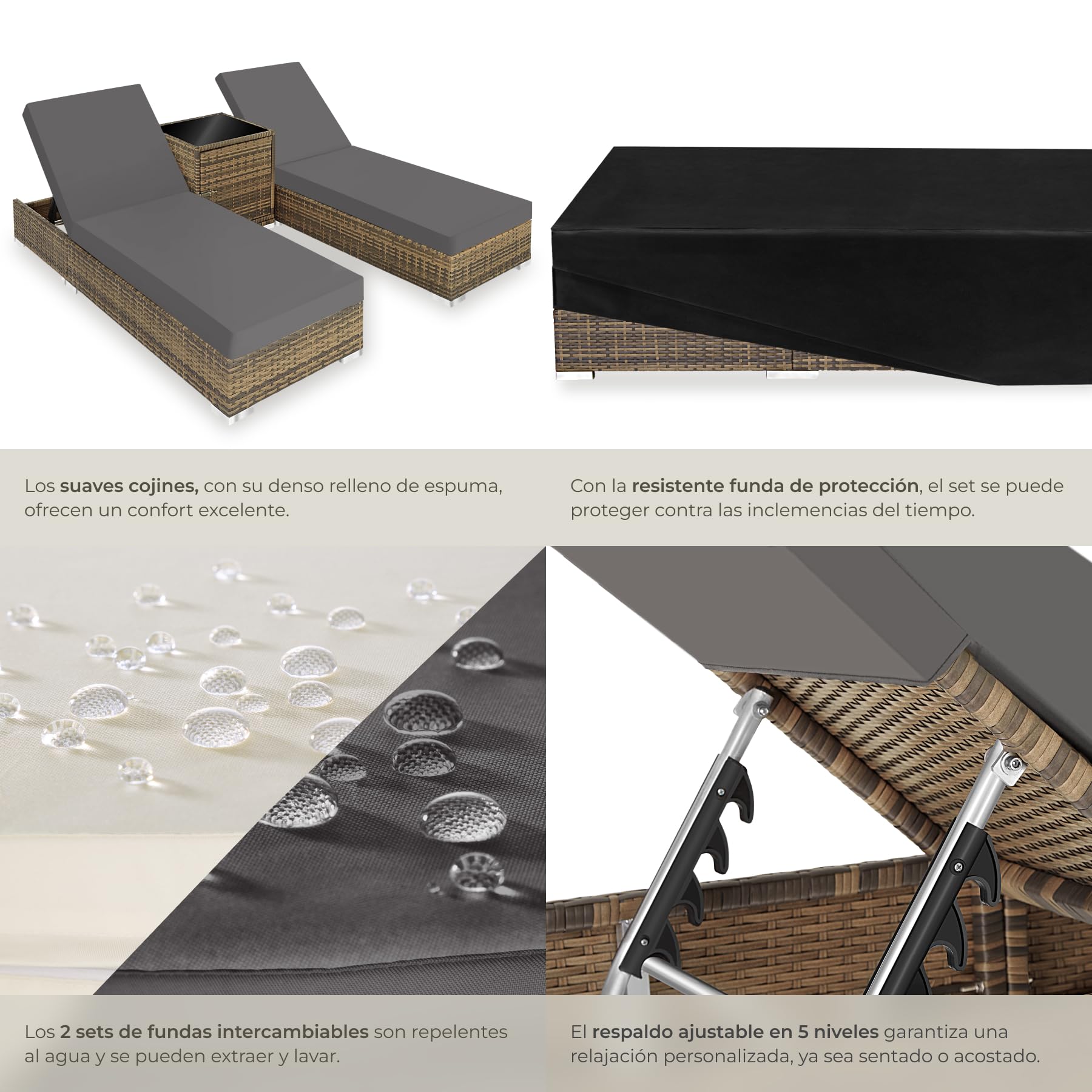 tectake® Set 2 Tumbonas de Ratán y Aluminio + Mesa Jardín, Tumbonas Piscina Respaldo Regulable, Tumbonas Playa Resistente a Rayos UV, Fácil Limpieza, Fundas Intercambiables, Funda Protectora - natural