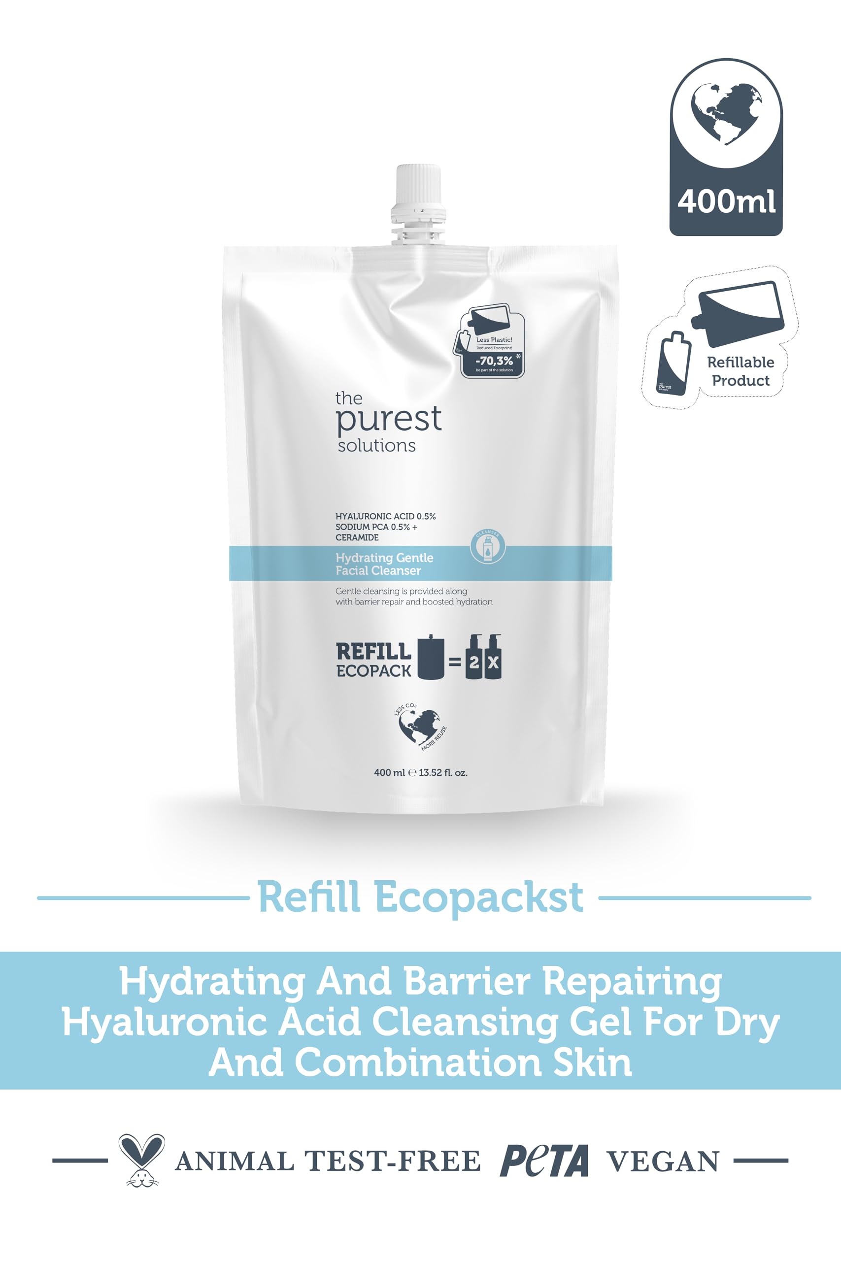 The Purest Solutions Nemlendirici Ve Bariyer Onarıcı Kuru Karma Ciltler Temizleme Jeli Ekolojik Yedek Paket 400 ml