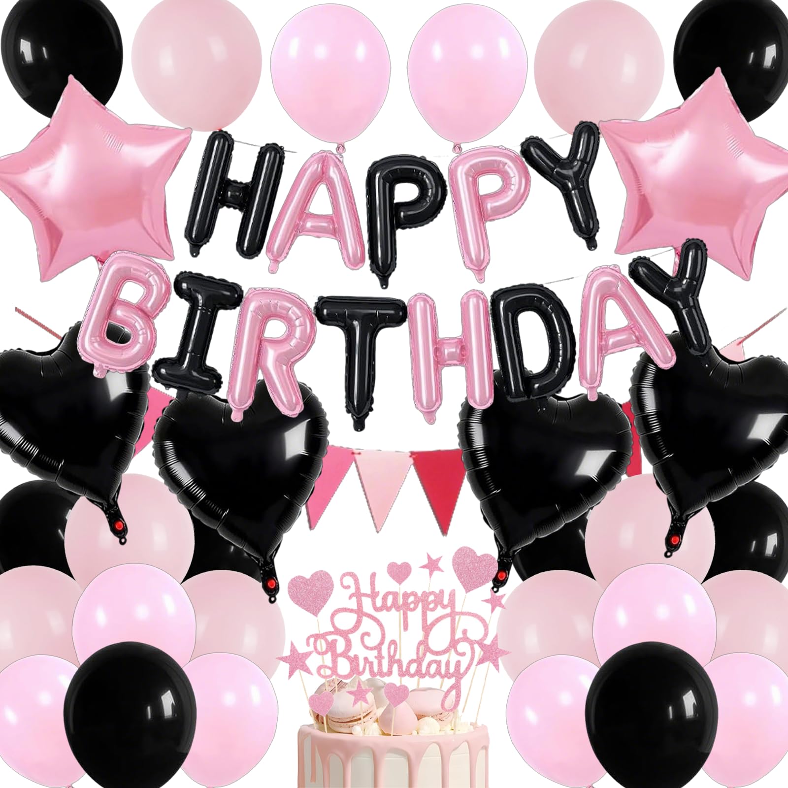 Birthday Party Decoration Supplies, Black Pink Balloon Kit - 45 Pack Featuring Star & Heart Foil Balloons, Latex Confetti Balloons for Women men kids Birthday Party — image 1