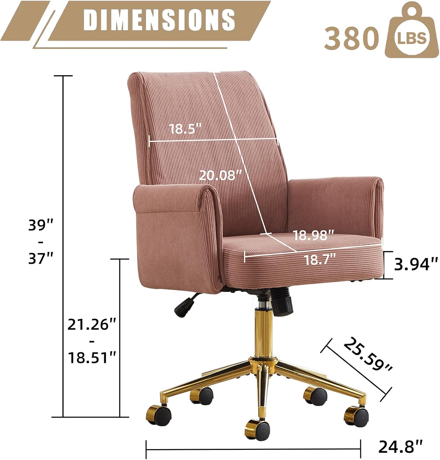 Ergonomic Corduroy Office Chair with Mid-Back Support, Swivel Desk Chair with Gold Base, Height Adjustable & Wheels for Home Office, Study, or Living Room,Modern Task Chair(Pink)