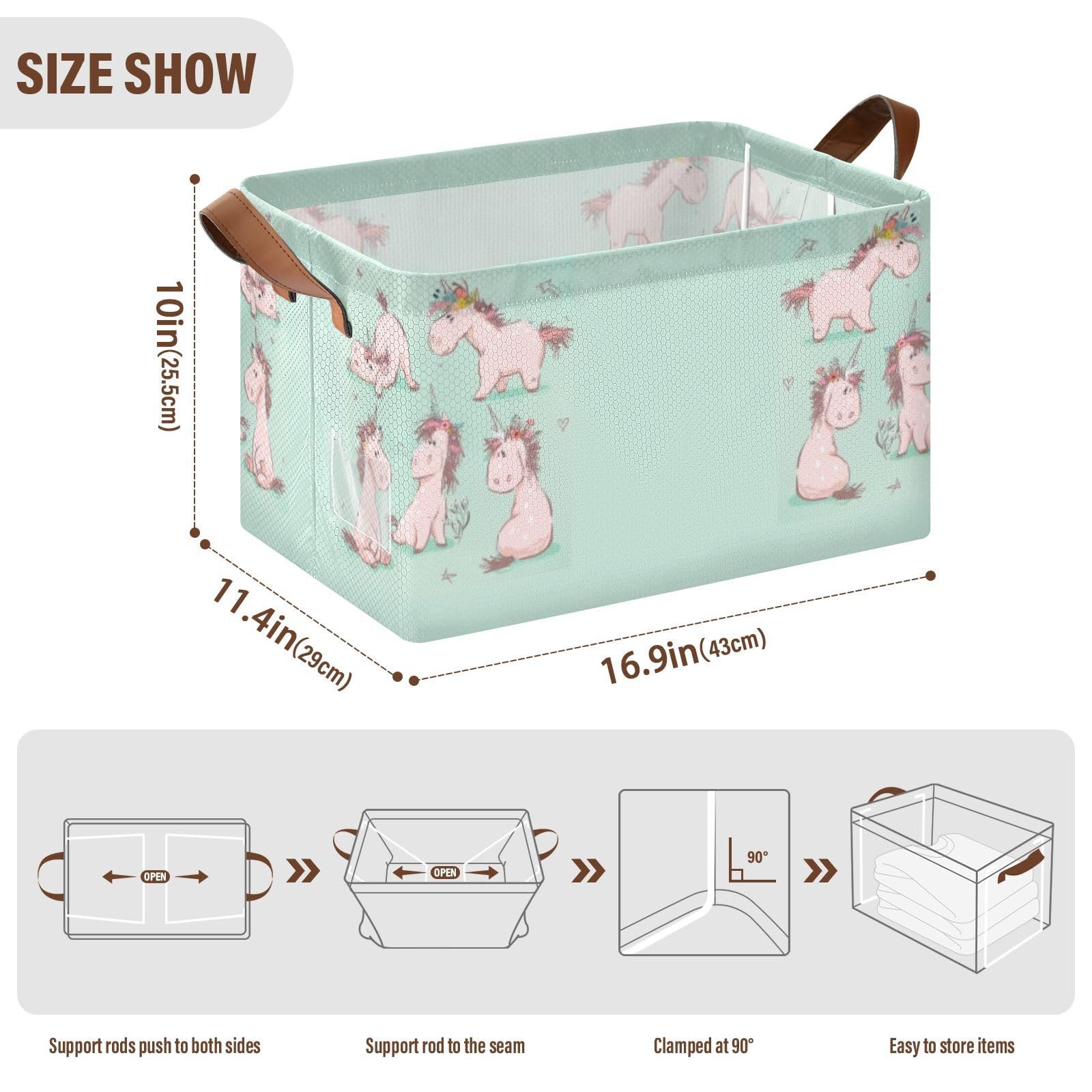 Seamless Cute Cartoon Pink Fairytale Unicorn Horse on Turquoise 1PC Rectangle Foldable Frame Basket Leather Handles Storage Bin for Laundry Bathroom Organizer M 16.9 x 11.4 x 10 inch