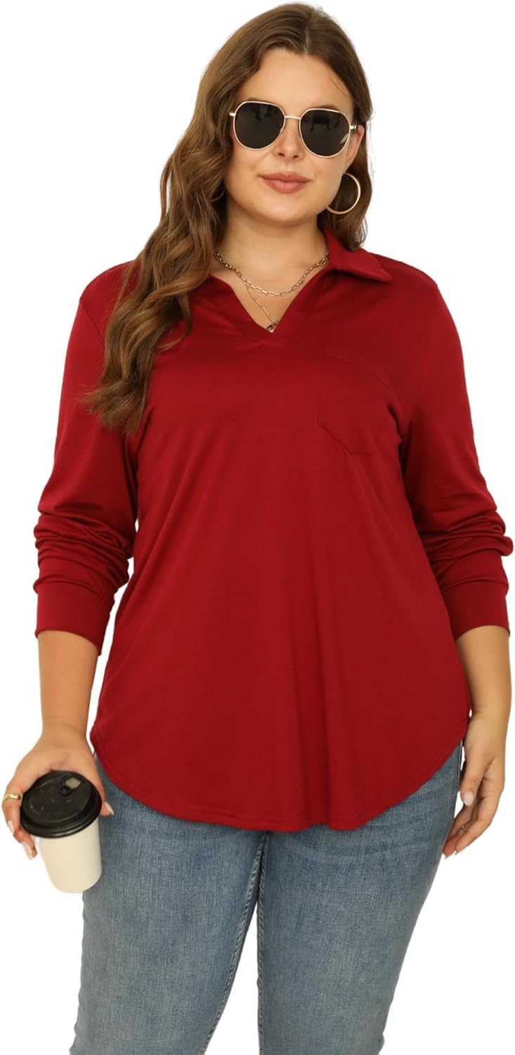 Women Plus Size Long Sleeve Collared V Neck Shirts Business Casual Work Tops Dressy Loose Tunic Blouses 1X-5X - Image 4