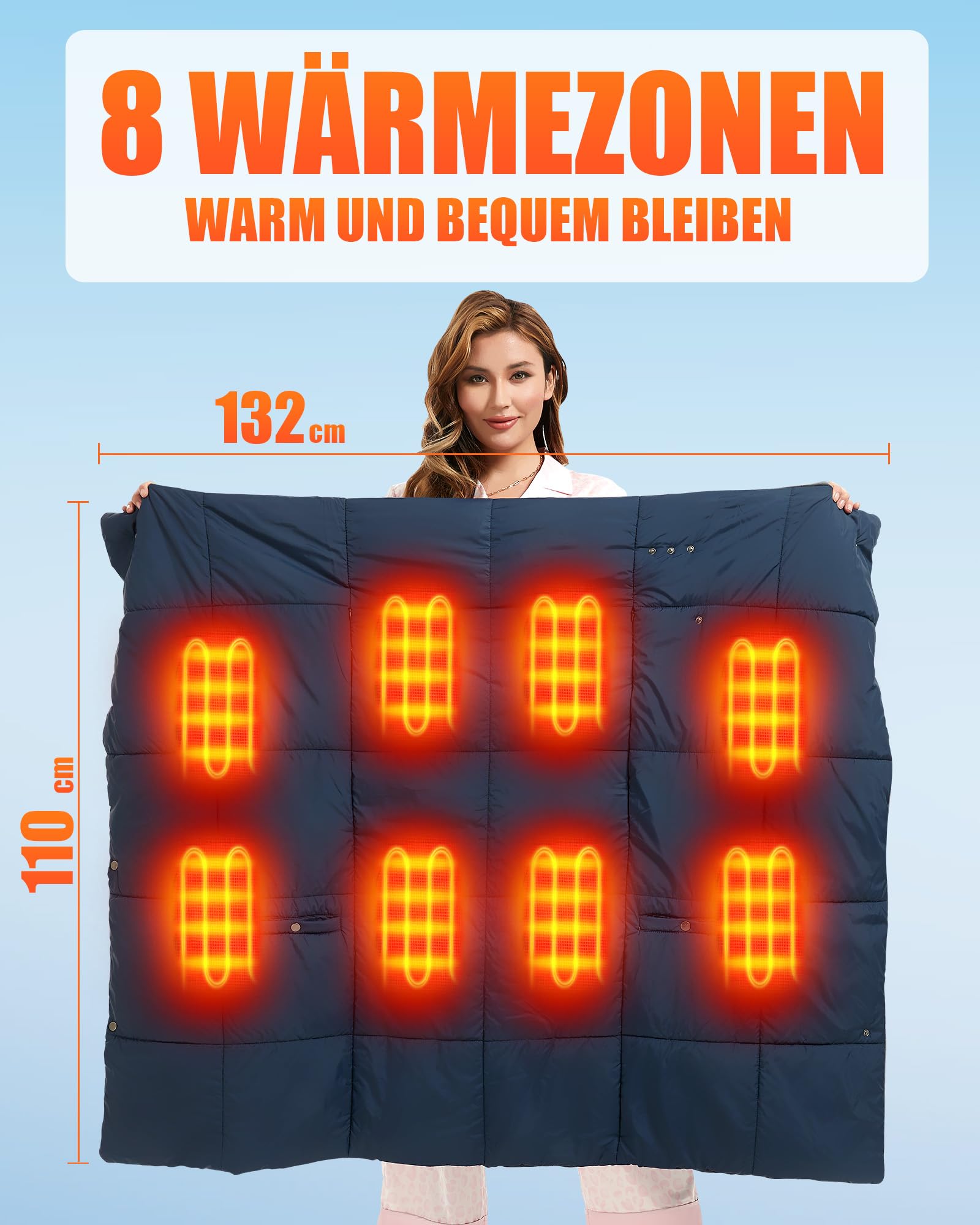 Coperta elettrica senza fili, con batteria da 20000 mAh, 7,4 V, per uomo e donna, 132 x 110 cm, portatile, con 8 zone di riscaldamento e 3 livelli di temperatura per casa e ufficio