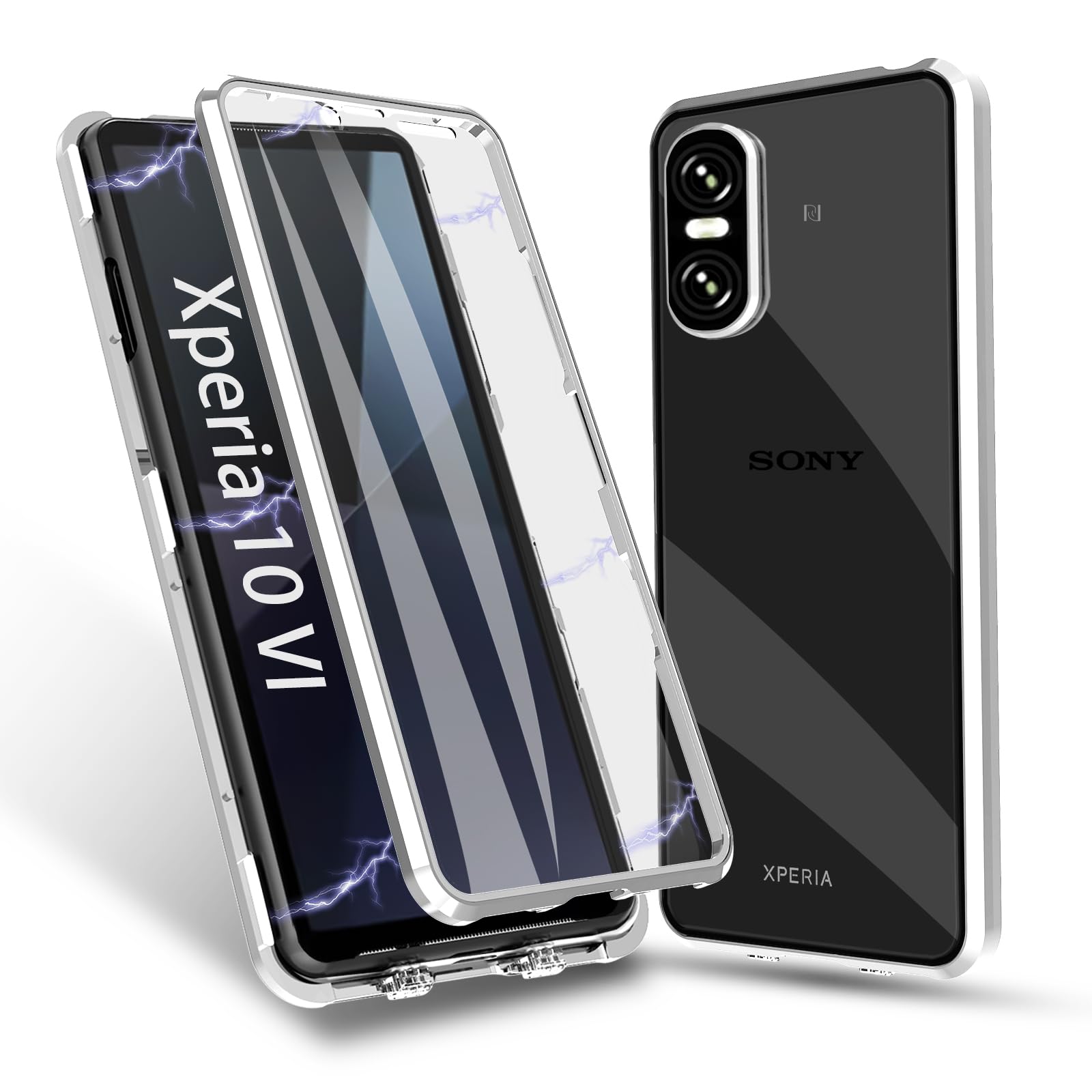 MeiyueEr Hoes voor Sony Xperia 10 VI, magnetische adsorptie, metalen frame, eendelig, 360 graden gehard glas, beschermhoes, pantserglasfolie, transparante cover, metaal, zilver