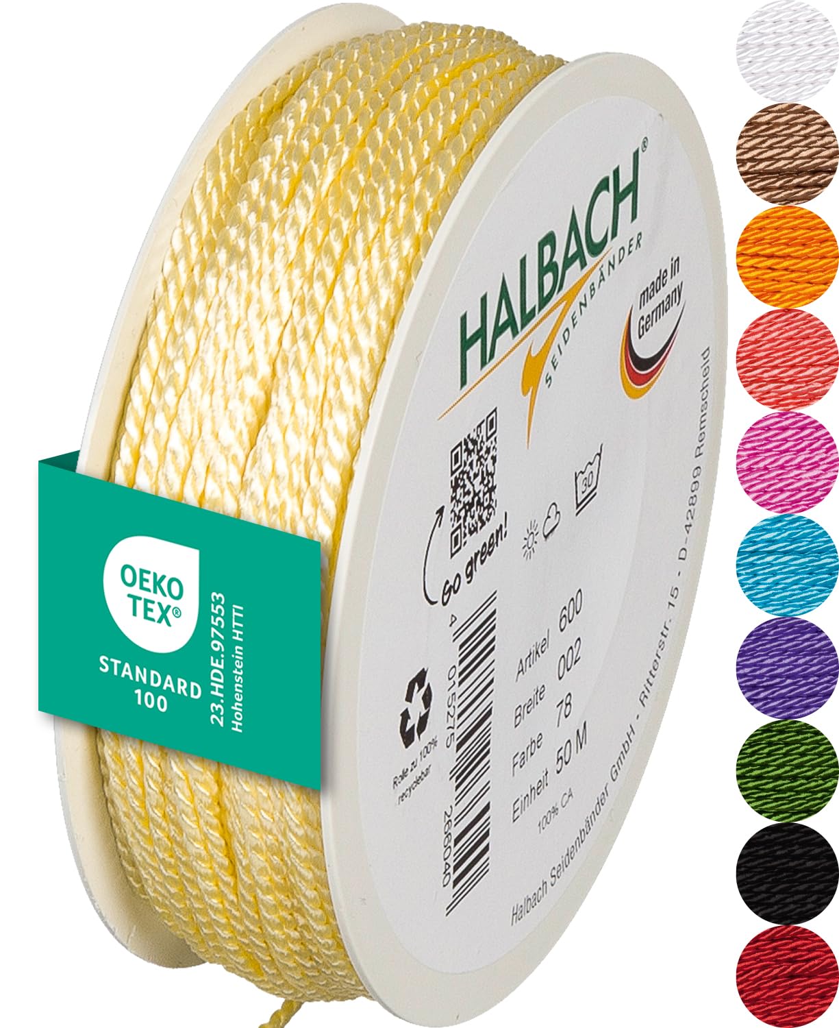 Halbach Seidenbänder Premium Kordel (Vanilla) | Breite 2mm Länge 50m | Made in Germany & Öko-Tex Zertifiziert | glänzende Satinkordel aus Acetat