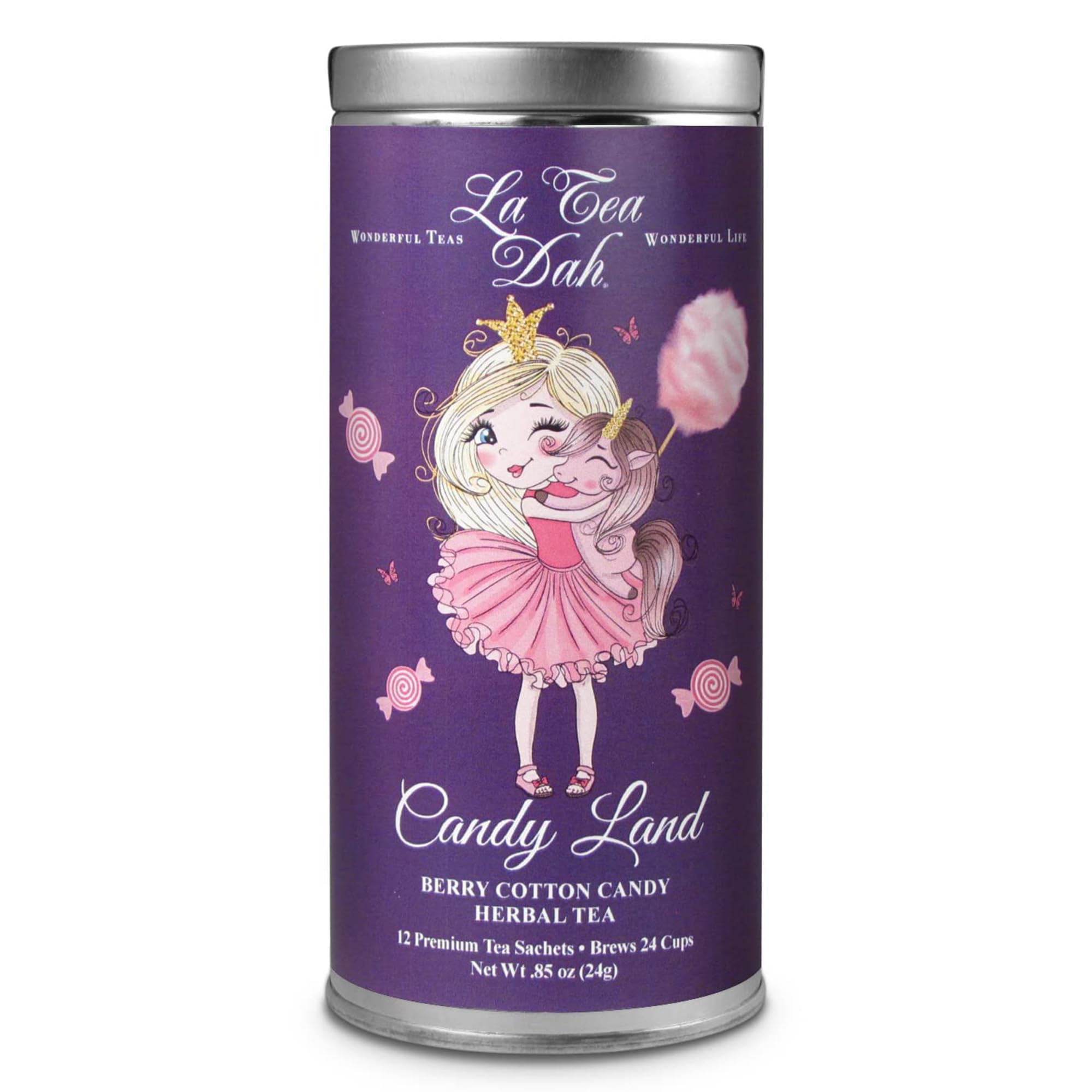 Berry Cotton Candy Childrens Teas by La Tea Dah, Caffeine Free Tea for Kids, Red Rooibos with Blueberry and Lavender, Unsweetened, Candy Land (12 Decaf Sachets)