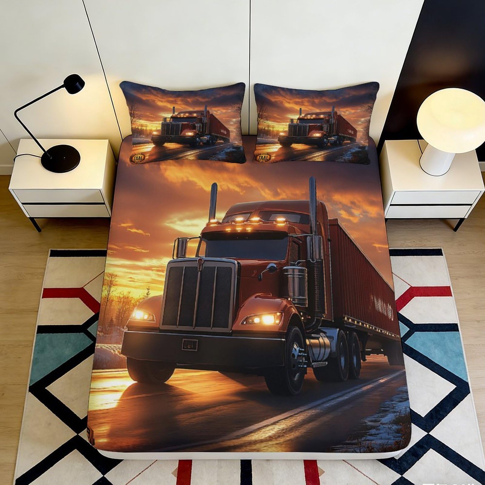 3D Printed Sunset Truck Fitted Sheet Microfiber Soft Anti-Slip Highway Bed Cover for Bedroom Guest Room Decor 90x200x25cm