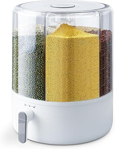 Contenedor de almacenamiento de granos y arroz, Dispensador de granos de 6 rejillas, Dispensador de alimentos grande giratorio de 360 de 25 libras,