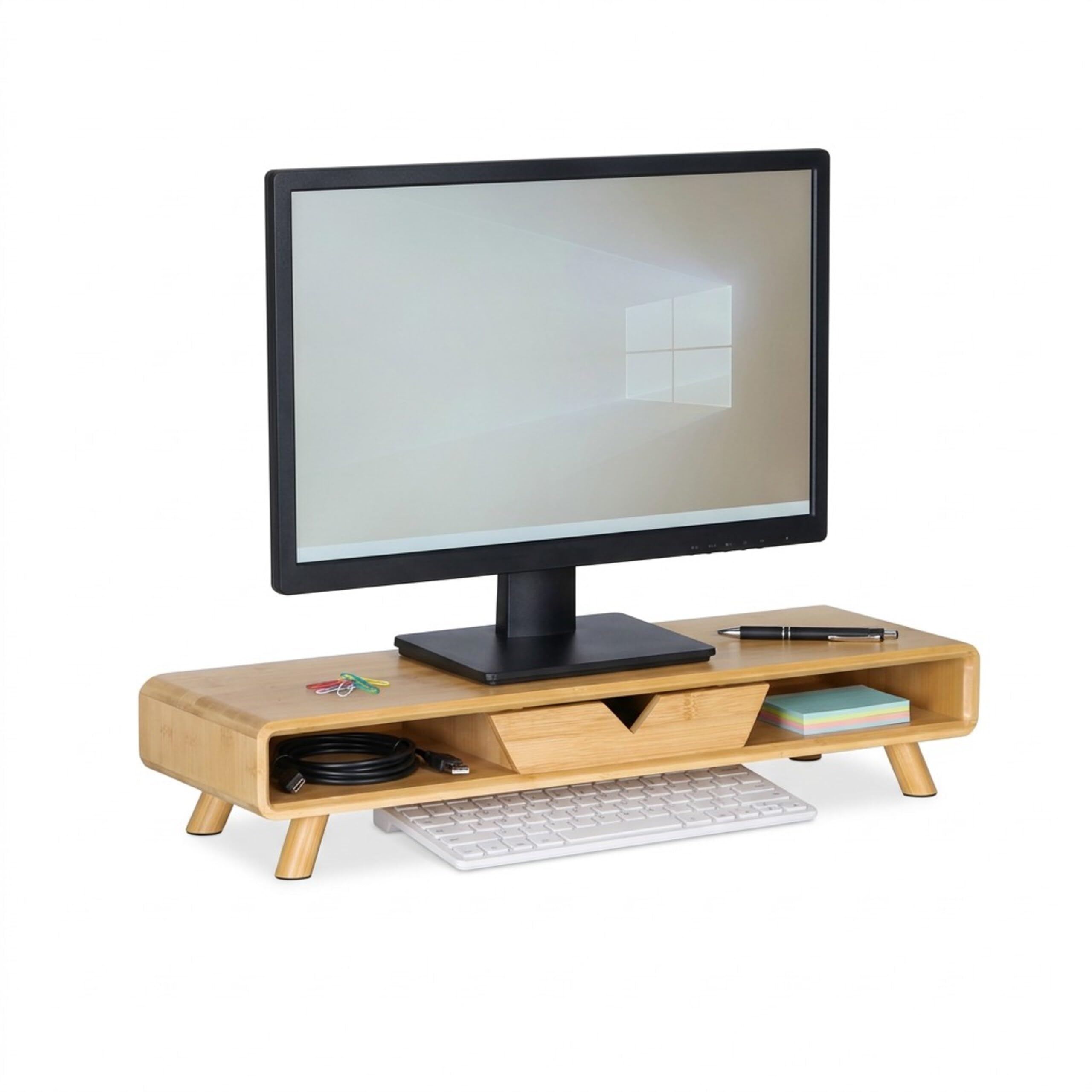 Relaxdays Rialzo Monitor, 2 Scomparti e cassetto, A x L x P: 13 x 62 x 20,5 cm, bambù, scrivania