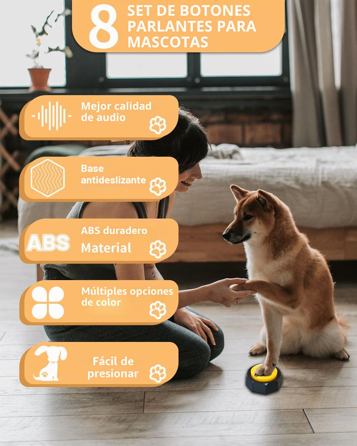8 Botones para Perros, Botones para Mascotas, Botones para comunicación, Botones grabables, Incluye 4 Almohadillas, 50 Pegatinas, Juego de Entrenamiento para Perros