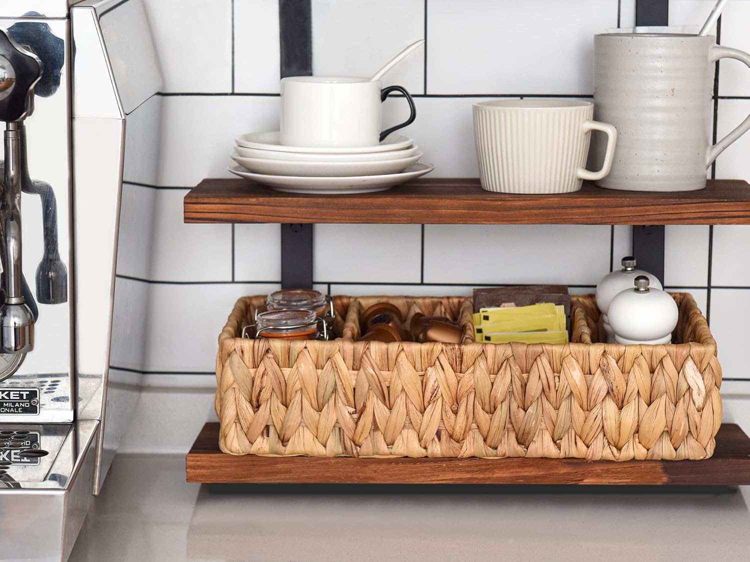 StorageWorks Small Wicker Basket for Organizing with 4-Section, Natural Water Hyacinth Storage Baskets with Dividers for Pantry Shelves, 2-Pack