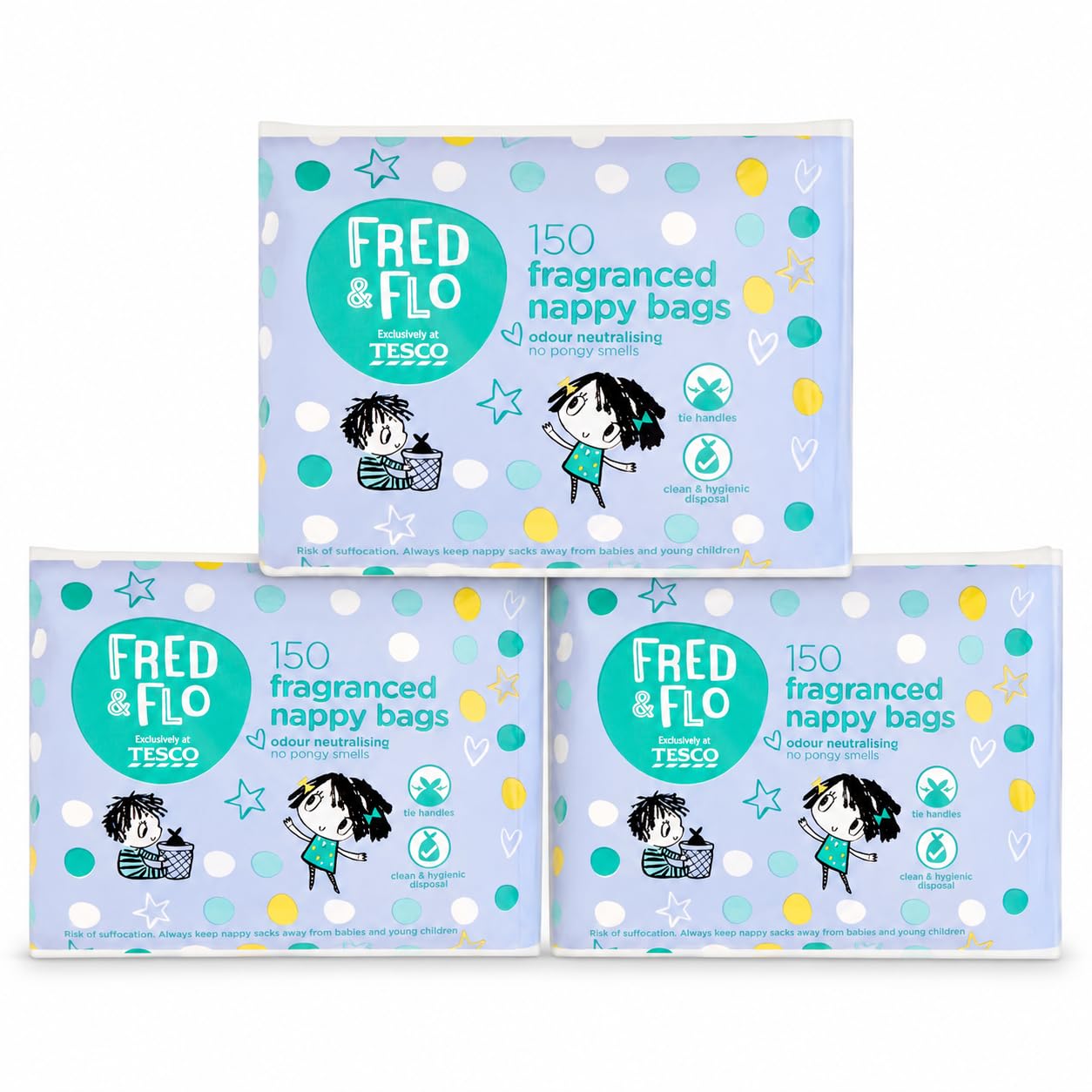 Bizzal Fred & Flo Fragranced Nappy Bags Pack of 3, 450 Bags Total