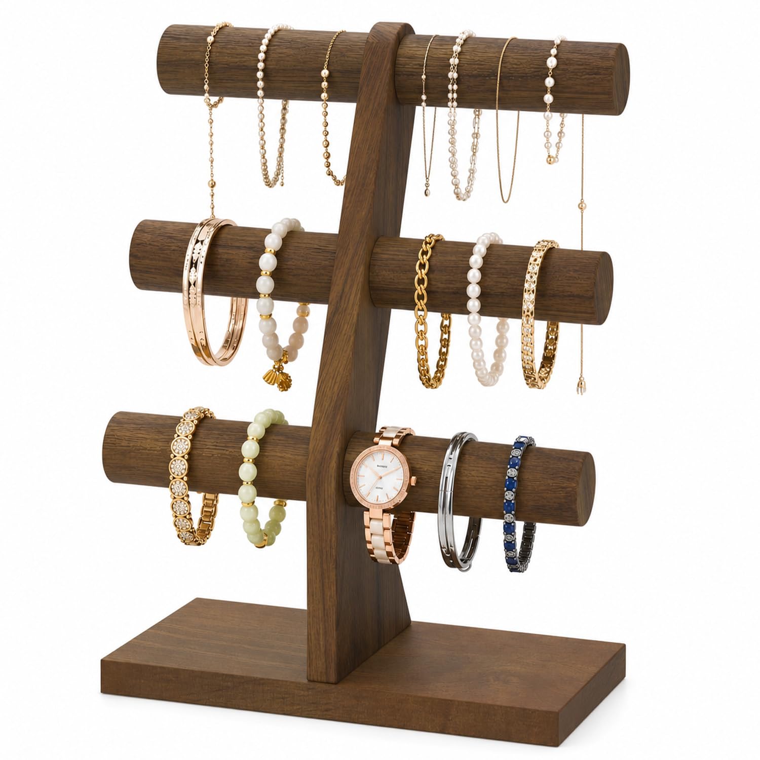 MODOWEY Bracelet Holder Organizer Display Wooden T Bar Stand, 3 Tiers Brown