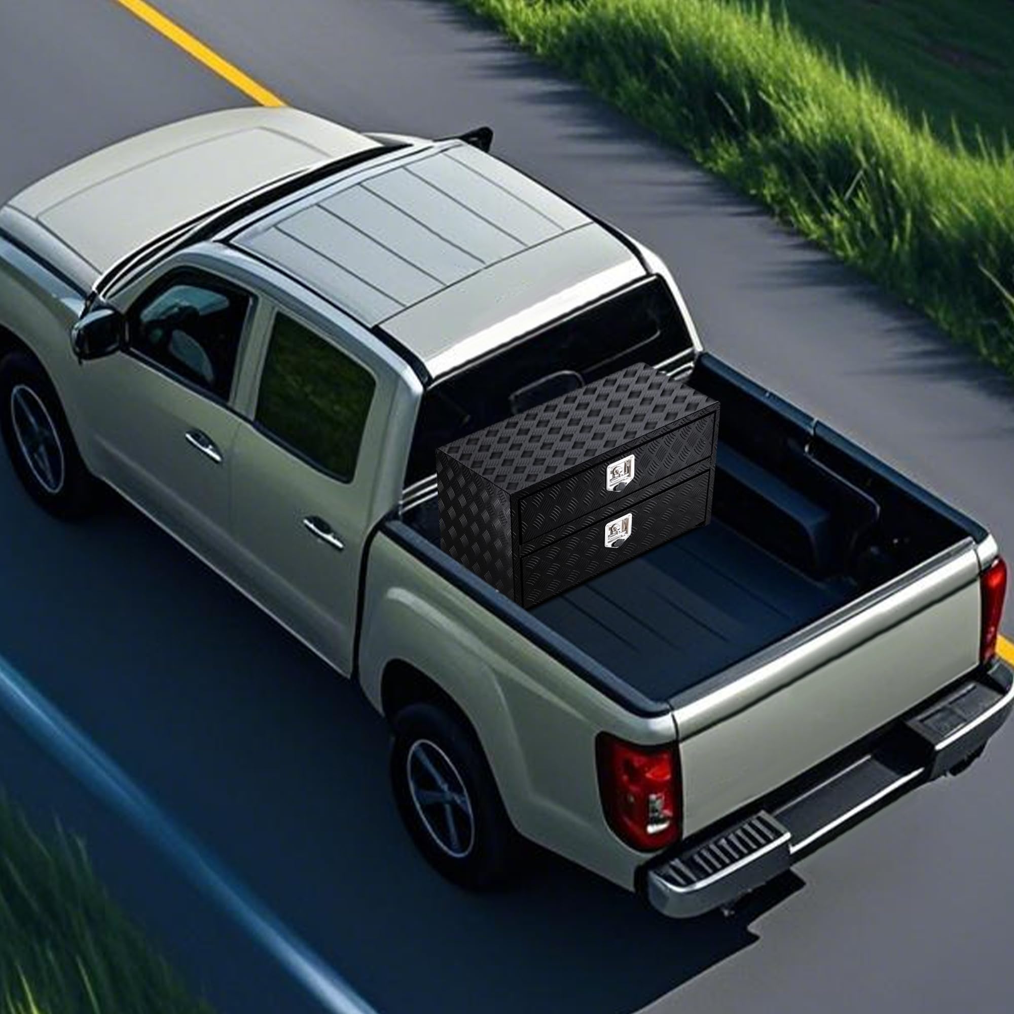 Schwerlast Aluminium Unterflur-Werkzeugkasten mit Schublade, 2 Ebenen, abschließbar & wasserdicht, für Pickup/LKW/RV/Anhänger – Schwarz – 61 x 46 x 51 cm