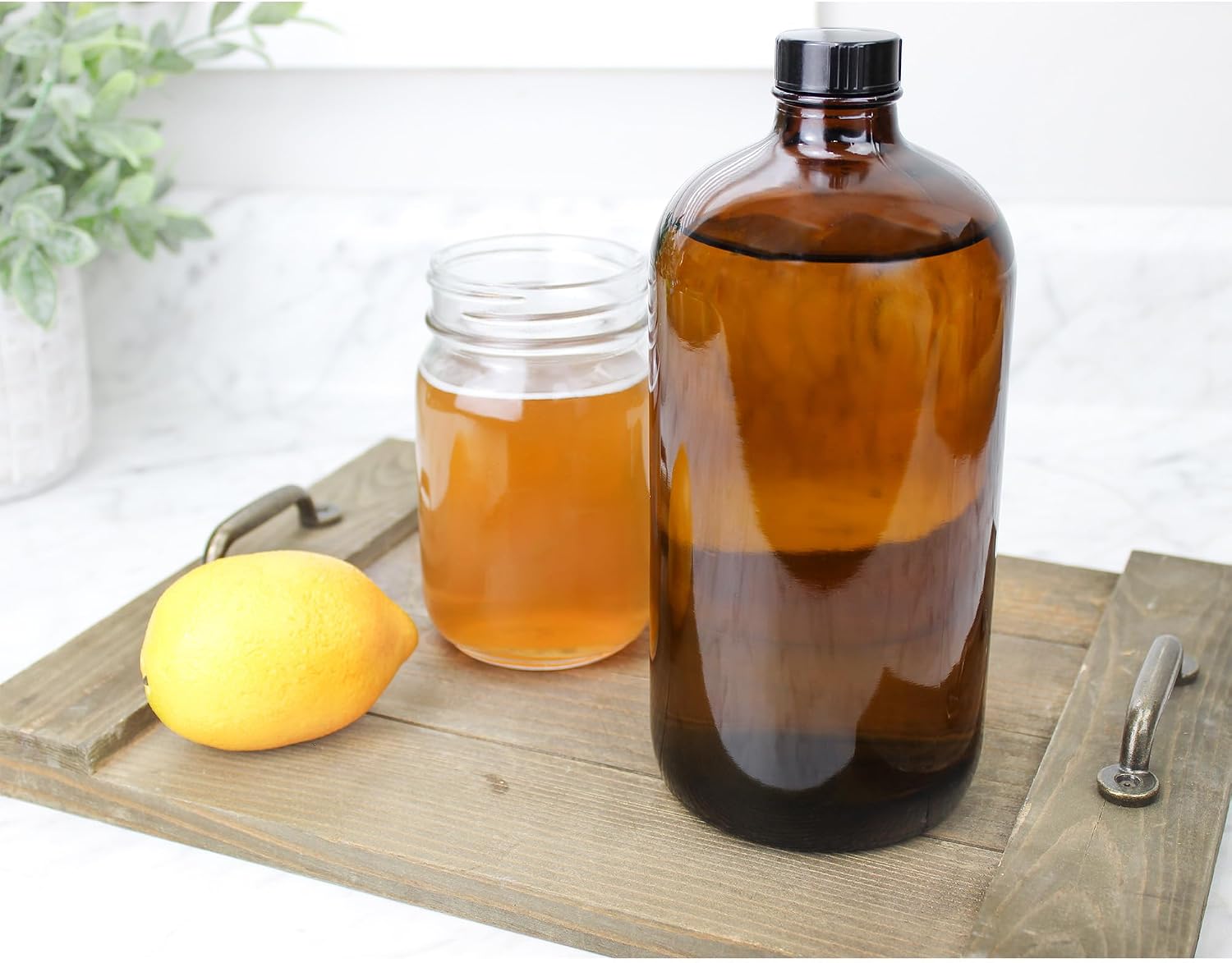 Cornucopia 32-Ounce Amber Kombucha Growler Bottles (4-Pack); 1 Quart Boston Round Glass Bottles w/ 6 Polycone Phenolic Lids for Home Brewing