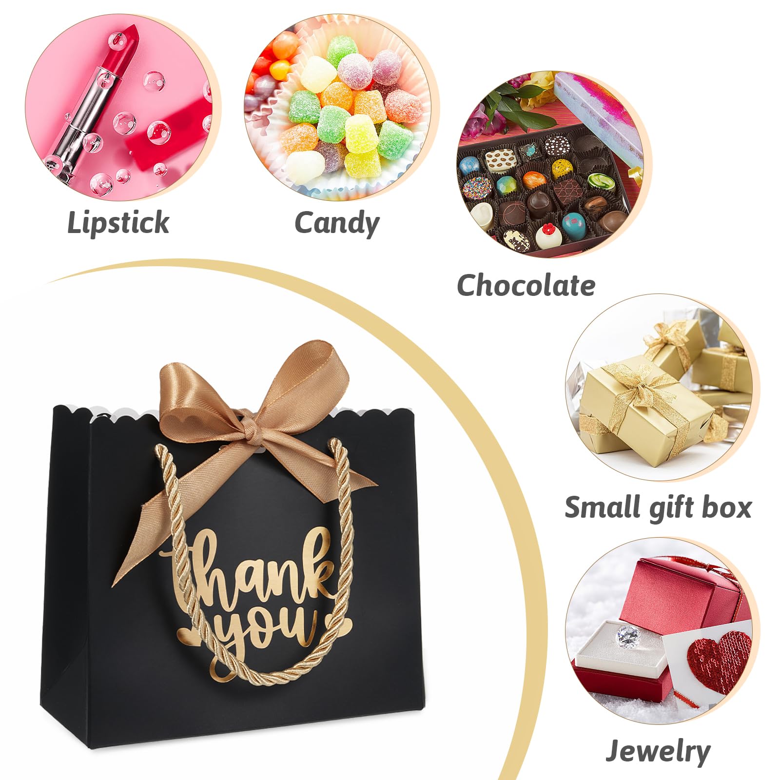 QIELSER 50 sztuk małych torebek na prezenty z podziękowaniami, z uchwytami, czarne mini torby na upominki imprezowe, 14 x 6 x 11 cm, mini torby na prezenty luzem ze wstążką z kokardą na walentynki