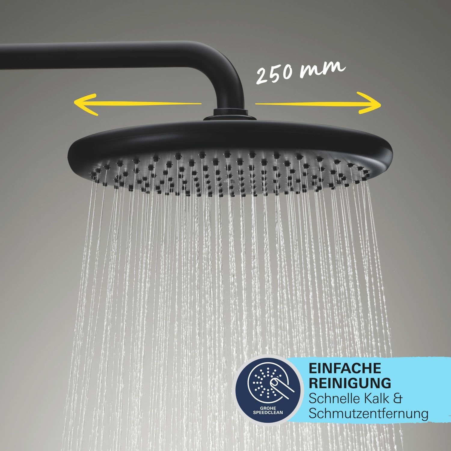 GROHE Vitalio 250, Duschsystem wassersparend 8l pro Min (Regendusche mit Thermostat und schwenkbarem Kopfbrause, Sicherheitssperre bei 38°C, Duschset mit Antikalk-System), rund, schwarz, 266772431