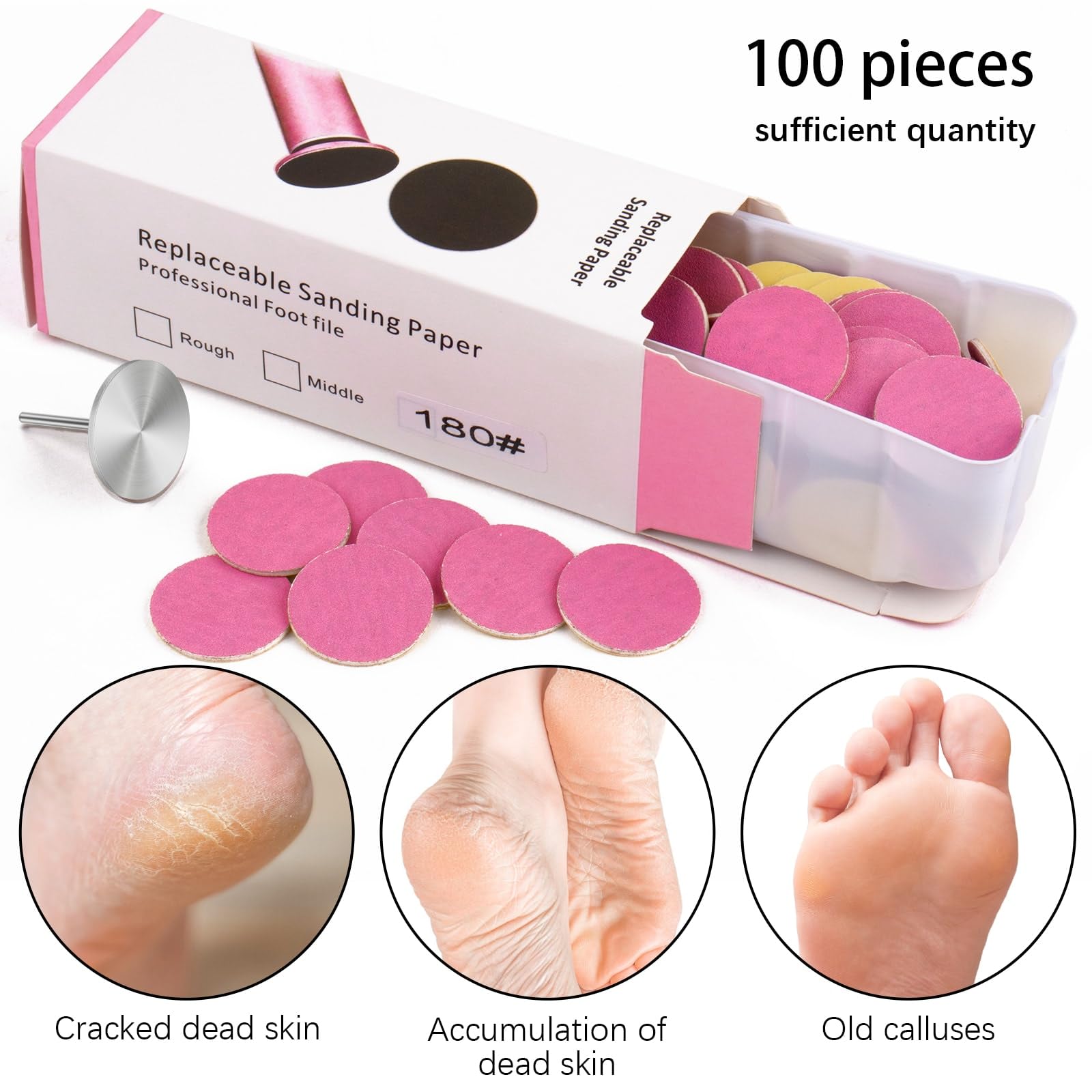 Krążki do papieru ściernego z metalowym wiertłem do paznokci, tarcza szlifierska do pedicure, 100 szt., krążki z papieru ściernego, pilnik nożny, nr 180, do manicure, pedicure, różowe