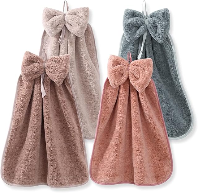 4Pcs Bowknot Hanging Hand Dry Towels, Microfiber Coral Velvet Hand Towels Hanging Loop, Absorbent Super Soft Cute Hand Towels for Kitchen Bathroom Kids Adults