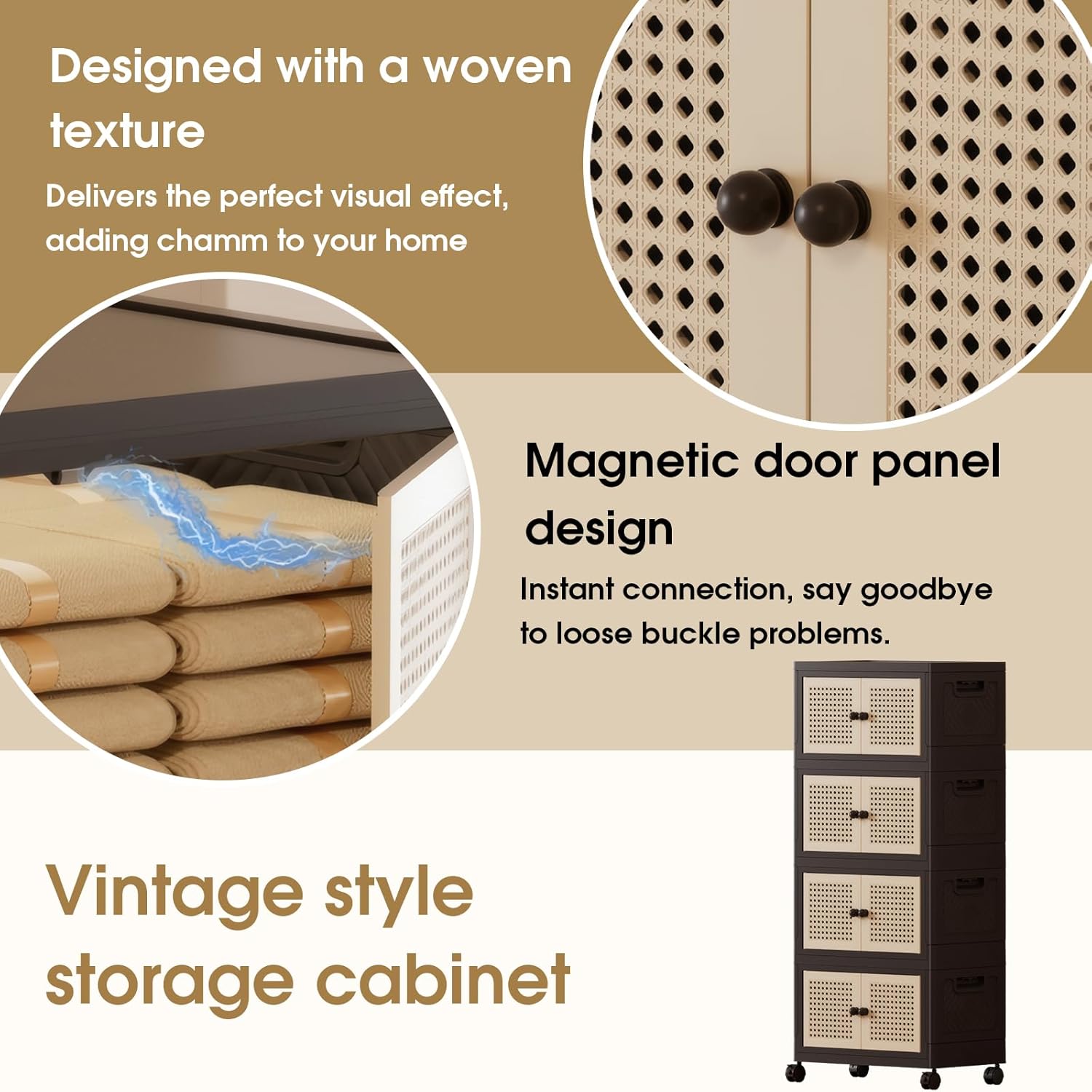 Foldable Plastic Storage Cabinet with Wheels, Rattan-Style Doors, Stackable Organizer with Magnetic Doors,Storage Boxes for Living Room, Bedroom, Office 4-tier