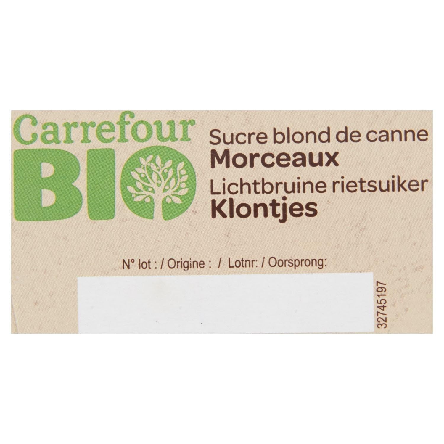 CARREFOUR BIO Sucre Blond de Canne Morceaux Bio — Spécialité sucrière artisanale d'Amérique du Sud, 500 g - Lot de 4