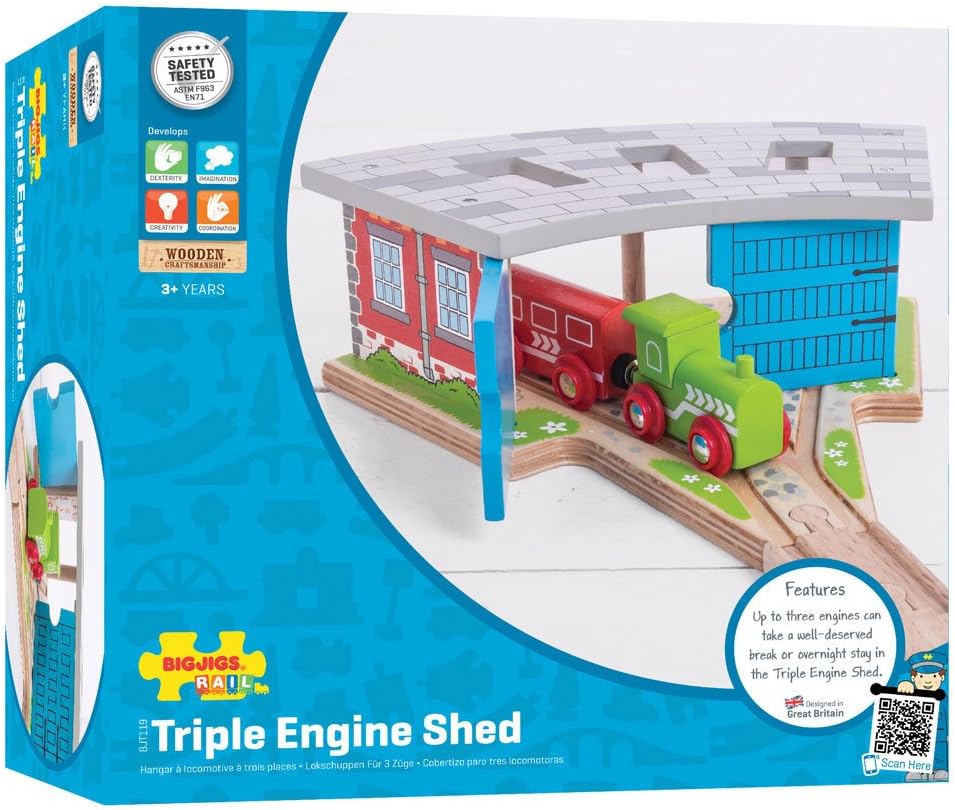 Bigjigs Rail Triple Engine Wooden Shed, Wooden Toys, Small Shed for Toy Trains, Wooden Train Set, Wooden Train Track Accessories, Bigjigs Train Accessories