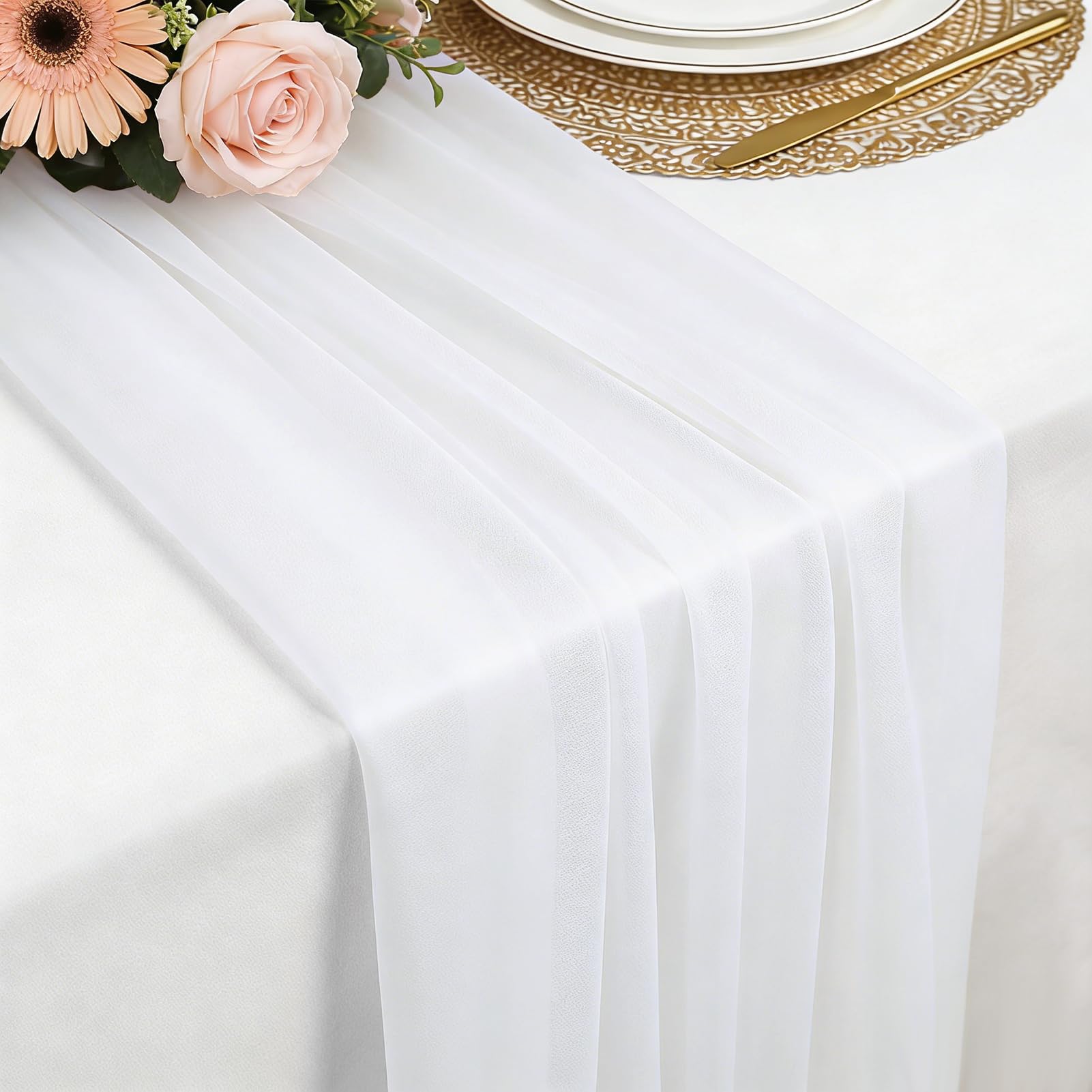 Chiffon Table Runner White, 77 x 300 cm Soft and Comfortable Table Runner for Boho Wedding, Party, Baptism Decor, Baby Shower, Bridal Shower Kitchen Table Decoration